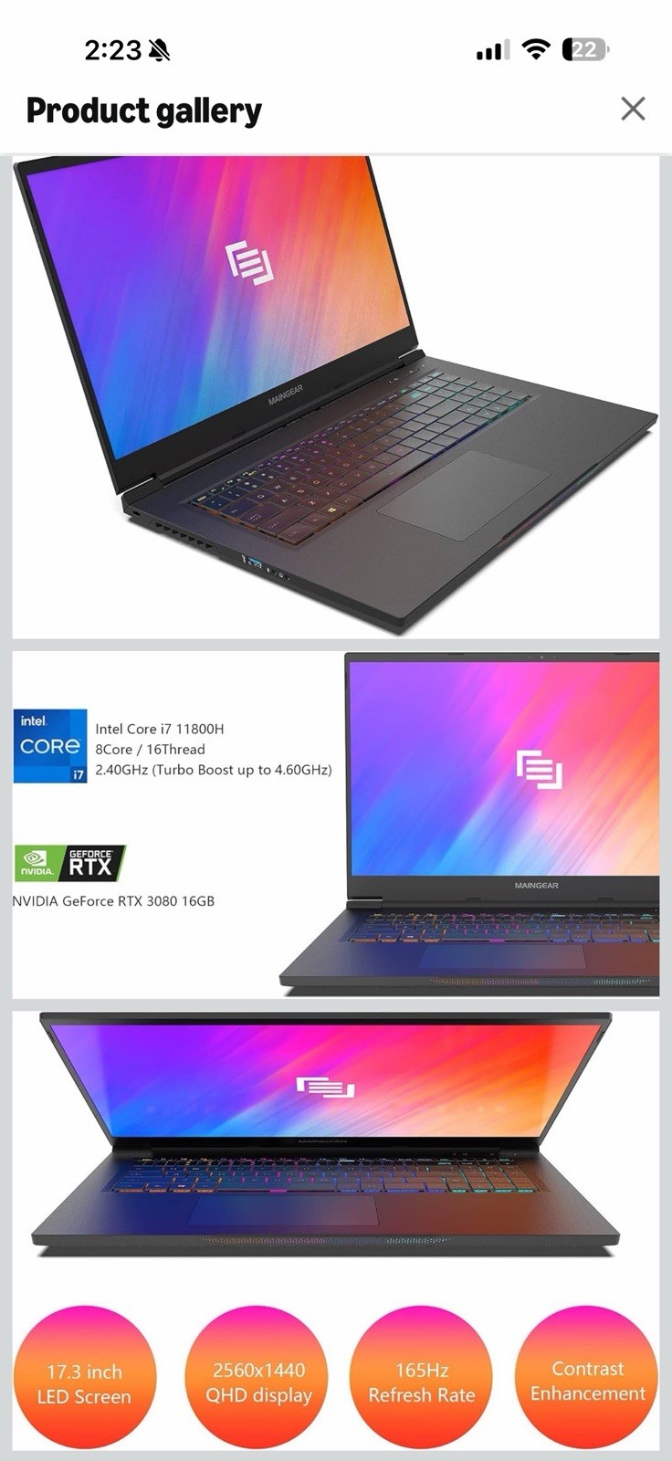 MAINGEAR Vector Pro 17.3in Gaming Laptop i7 RTX 3070 1TB SSD w/ Charger