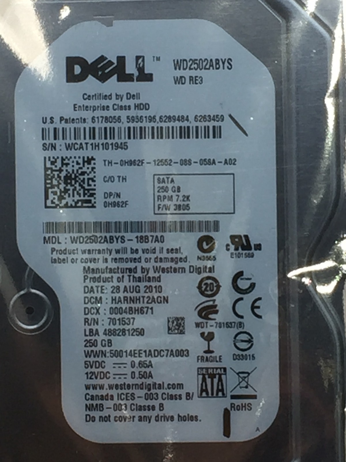 WD RE3 250GB 7200 RPM 16MB Cache SATA 3.0Gb/s 3.5" Enterprise HDD used