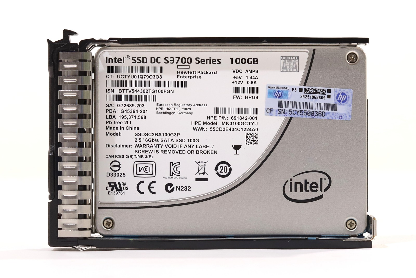 HPE SSDSC2BA100G3P 100GB 2.5" 6Gb/s MU MLC SATA SSD W/Caddy P/N: 691842-001