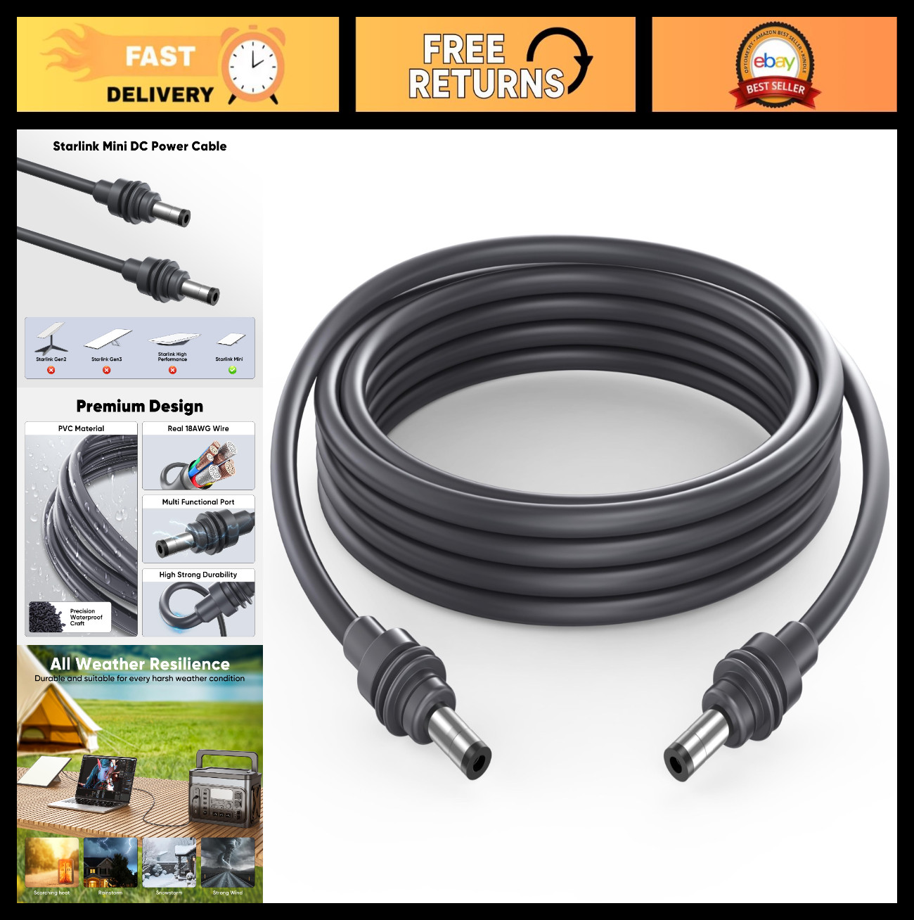 6.5FT Waterproof DC Power Cable, 18AWG Mini Replacement Cord for Outdoor Use