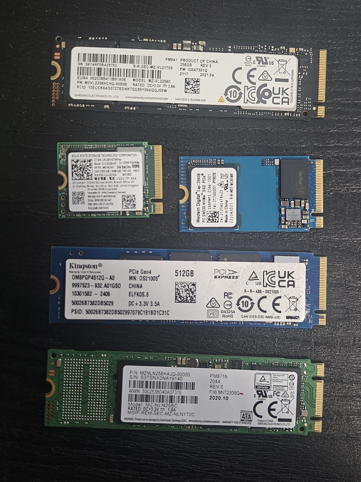 LOT of 5 x nVME SATA M.2 SSD 256GB 512GB WD Samsung Kingston