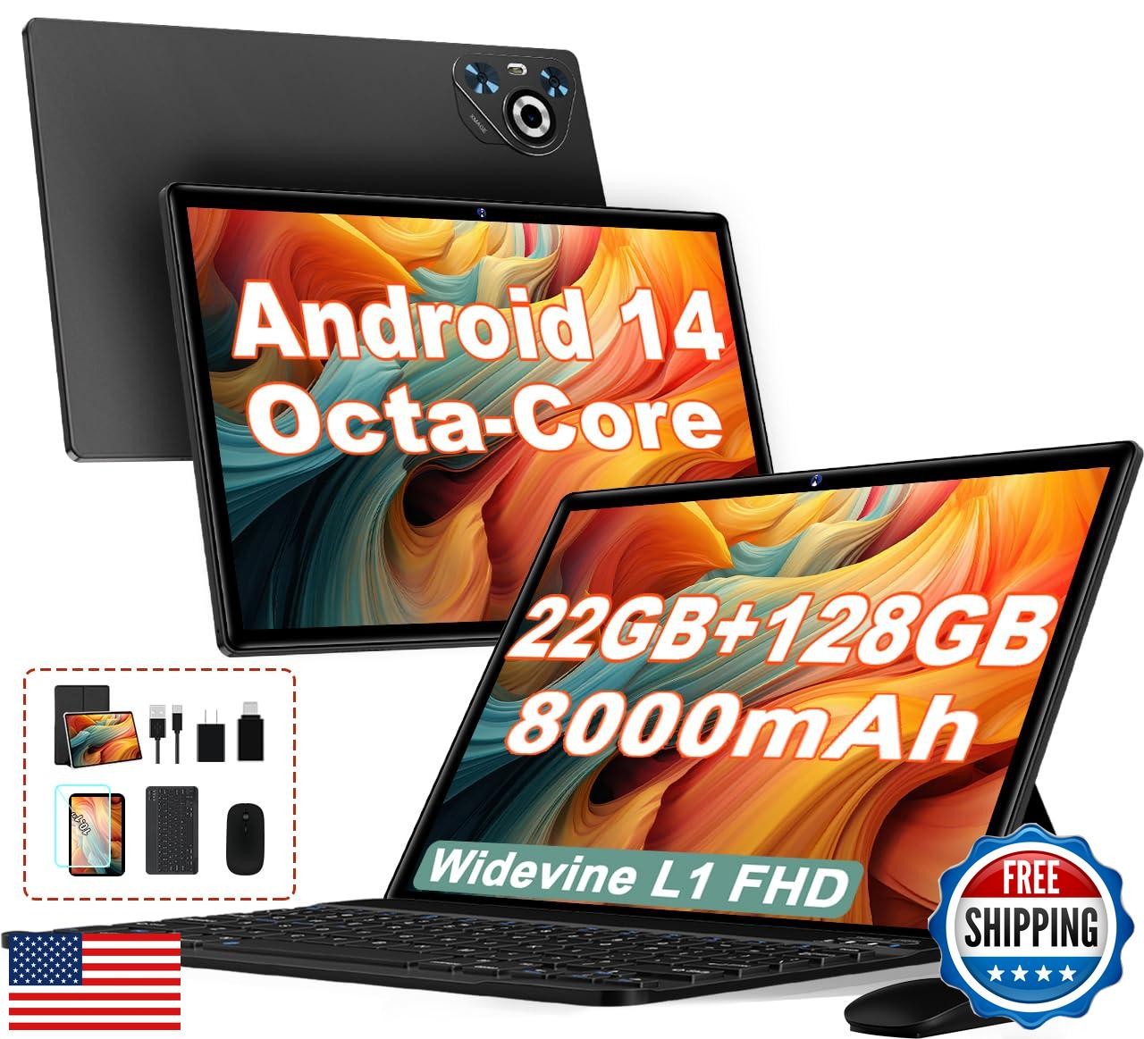Dghrti 2025 Android 14 Tablet, 22GB RAM+128GB ROM+1TB Expand, 8000mAh Battery