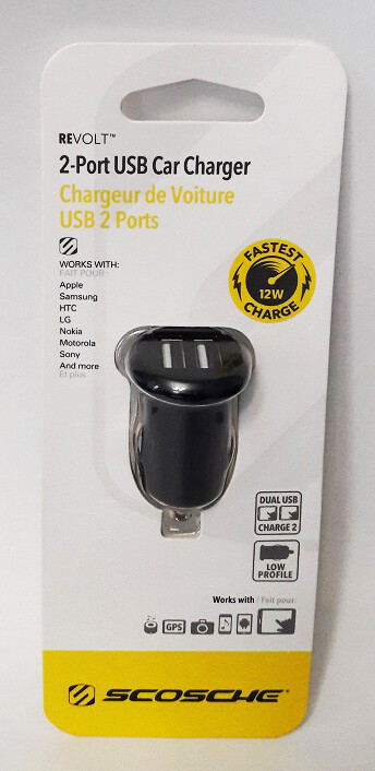 Scosche REVOLT 2 Port Dual USB BLACK Car Charger 5v, 12W Output USBC242M