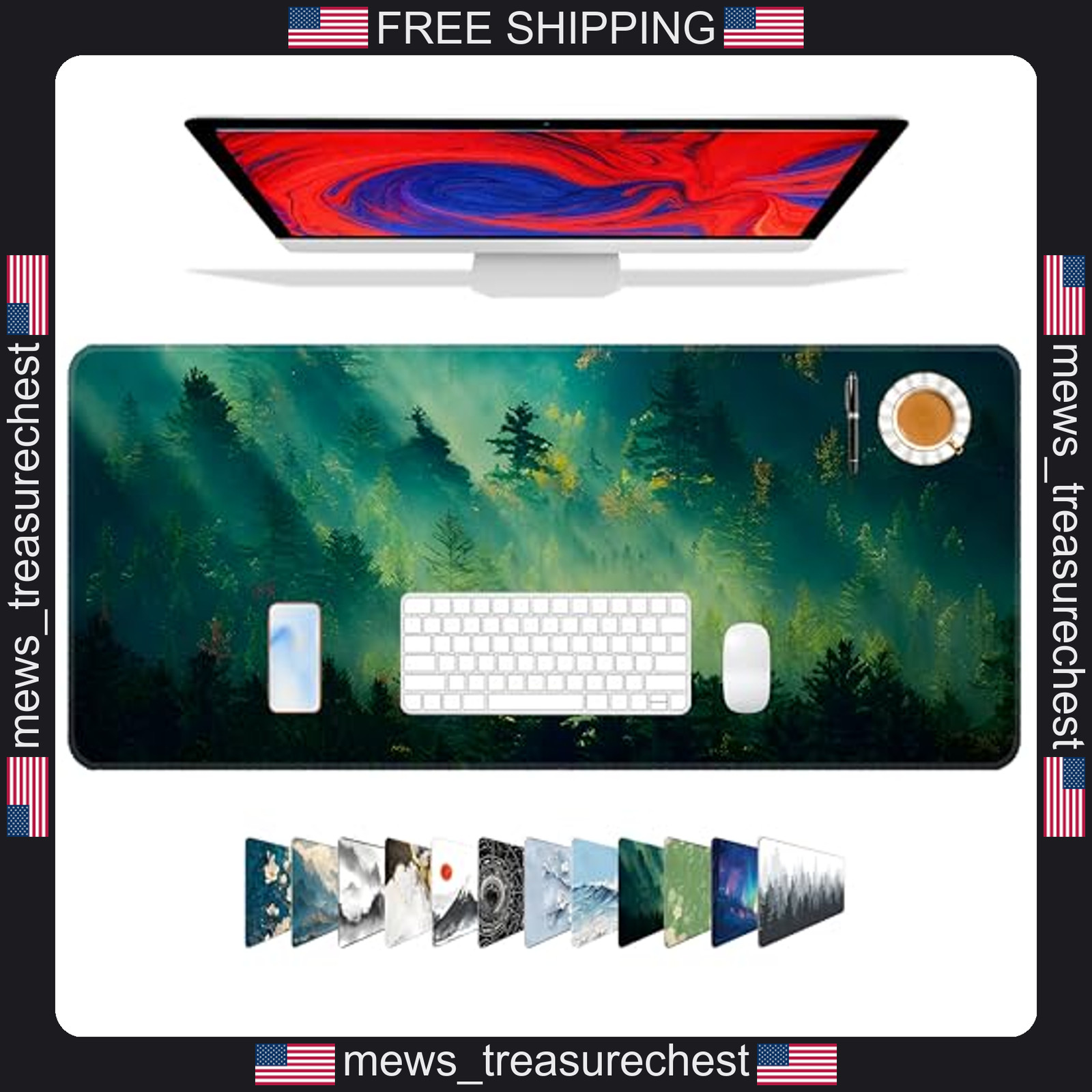 Large Gaming Mouse Pad 31.5x11.8 Inches Non-Slip Rubber Surface Green Forest