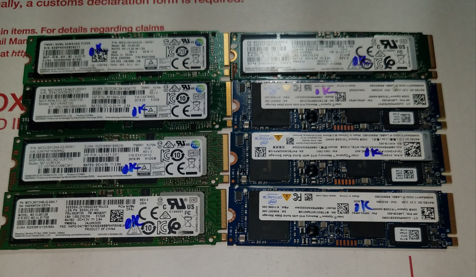 (Lot of 8) 512 GB NVME-Mixed Major Brands (2280) (TESTED)
