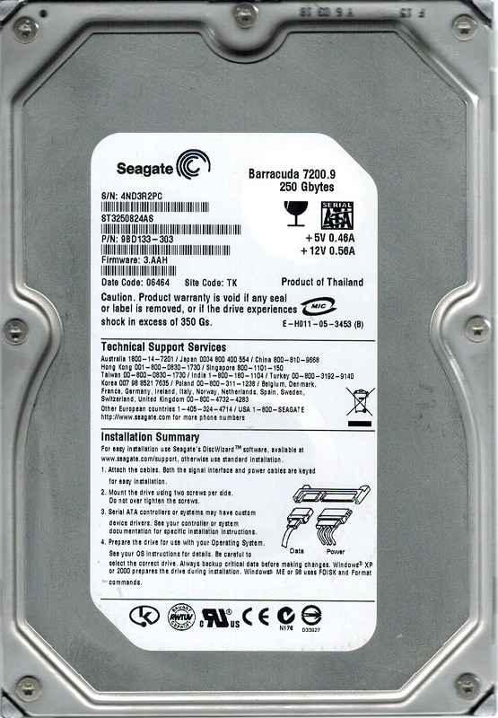 Seagate ST3250824AS P/N: 9BD133-303 F/W: 3.AAH 250GB TK
