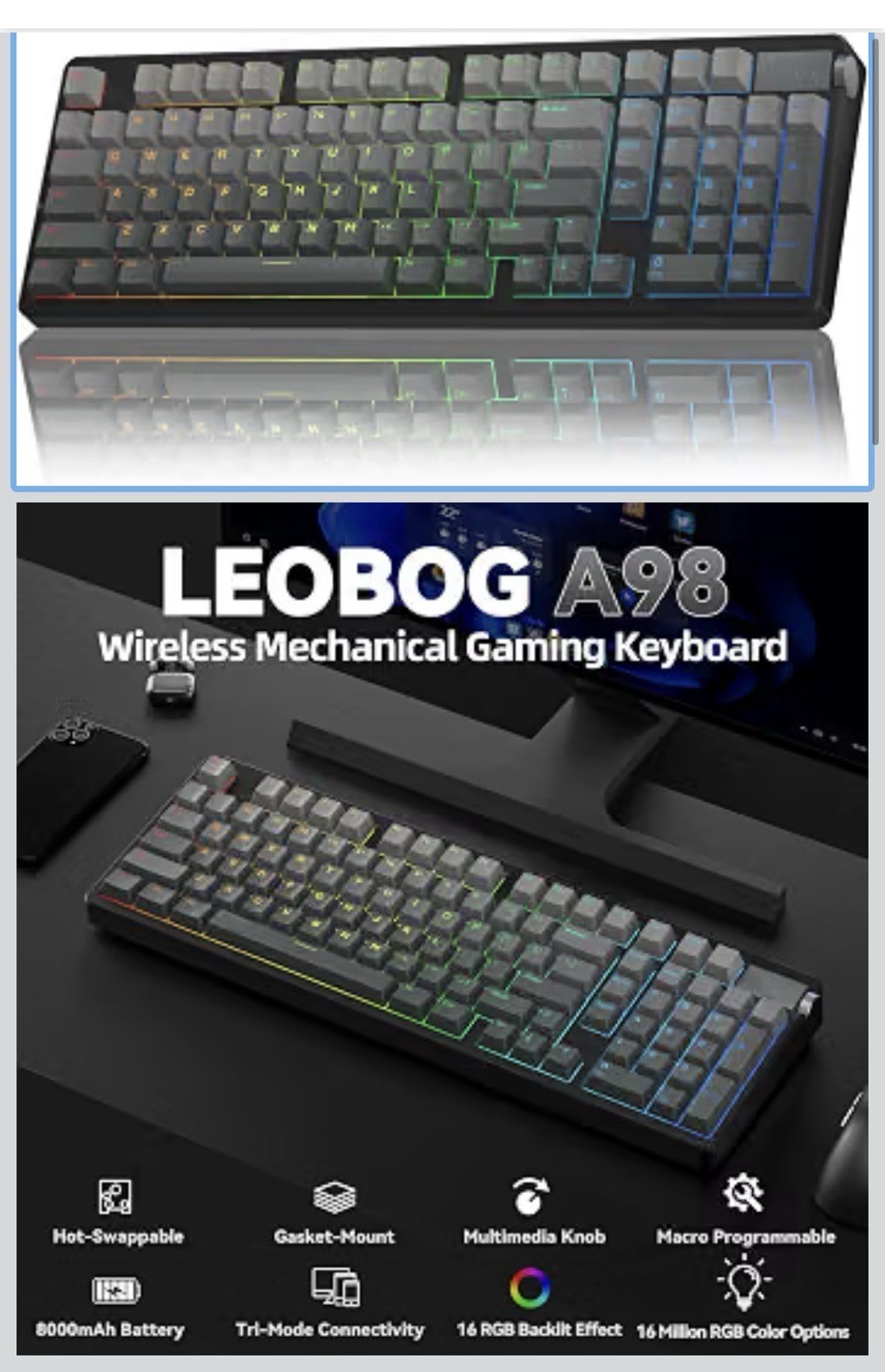 LEOBOG A98 Wireless Gaming Creamy Mechanical Keyboard with Number Pad Knob 96%