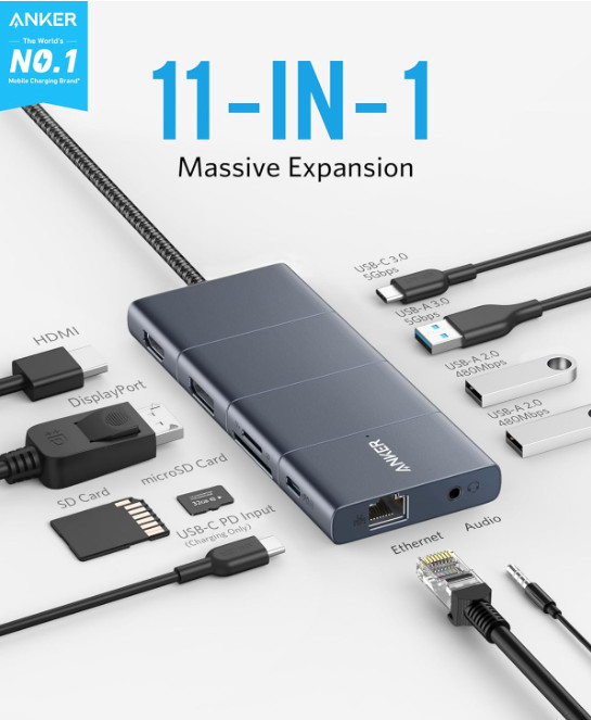 Anker PowerExpand 11-in-1 USB-C PD Hub A8385 100W PD 4K 60Hz HDMI SD Card Reader