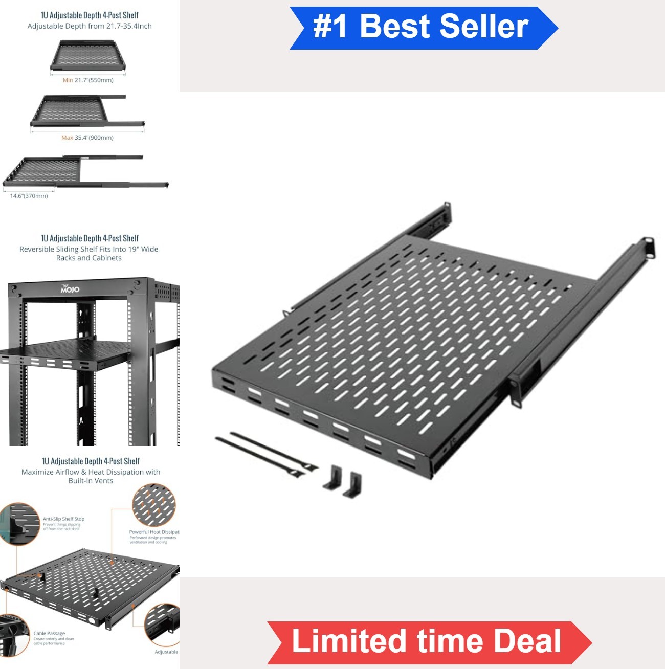 1U Sliding Rack Shelf 19 Inch 4-Post Vented 21.7-35.4 Inch Adjustable Depth 110