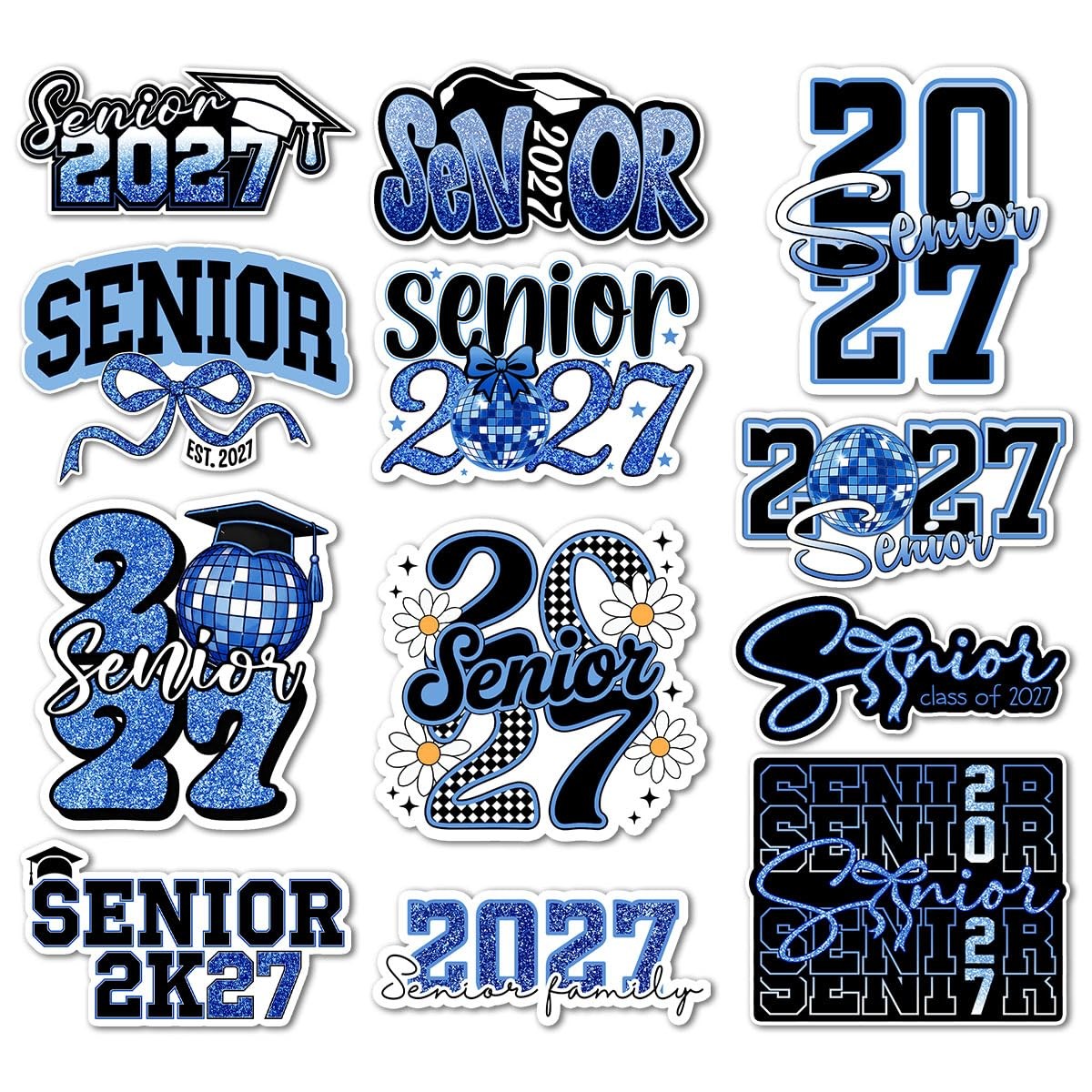 (12pcs-3in) Senior 2027 Sticker Stickers Blue Glitter 3 Inches, Senior27_g5