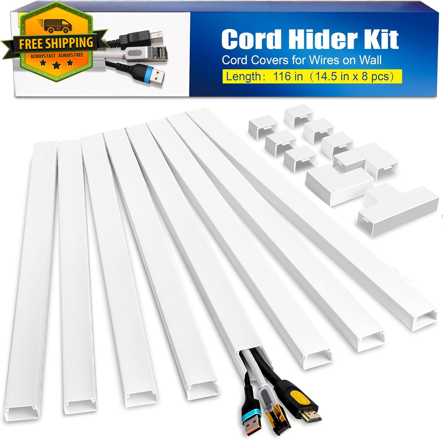 116in Cable Raceway Cord Hider Kit Paintable Wire Cover For TV Wall Home