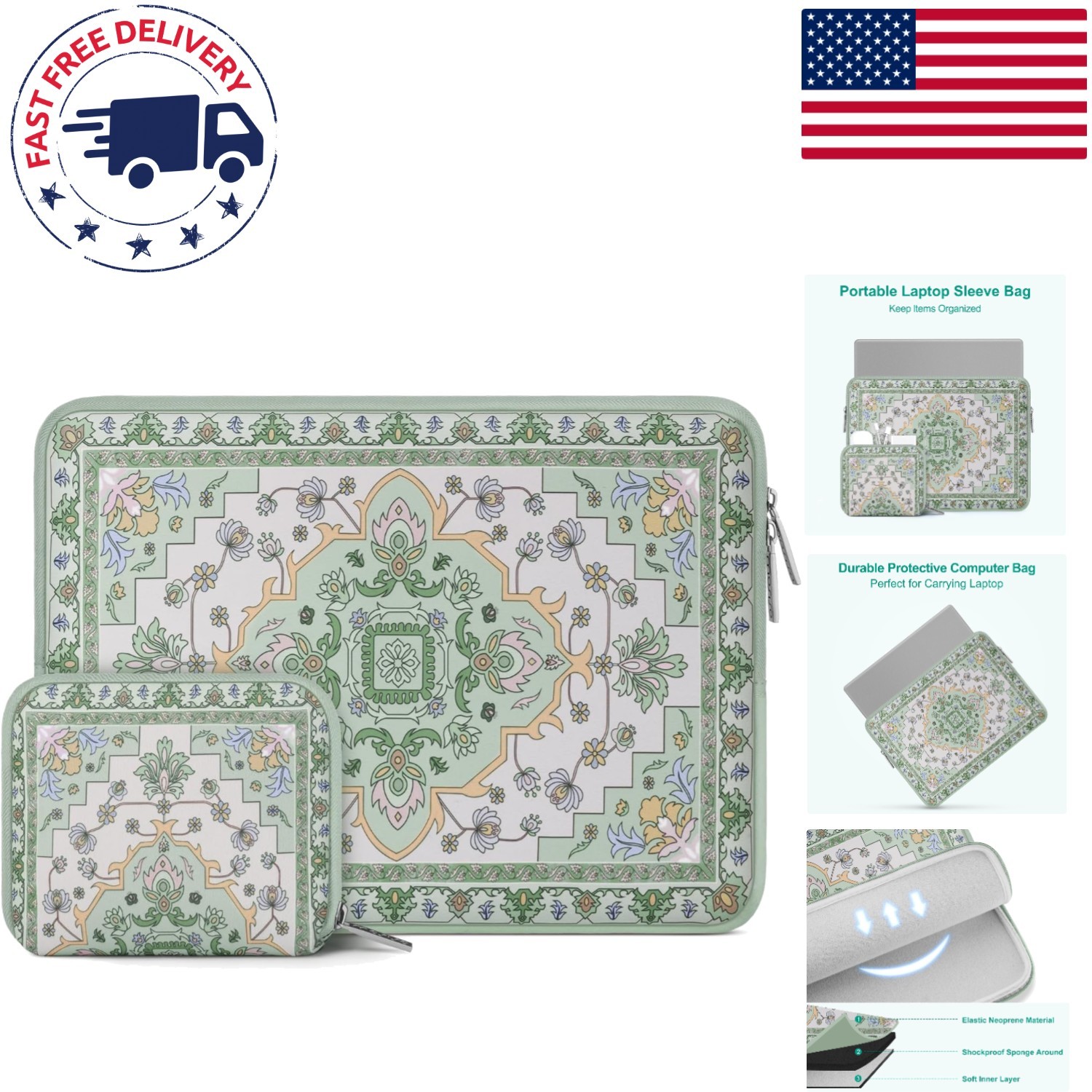 Elegant Floral Laptop Case 13.3 Inch - Slim with Additional Pouch Included