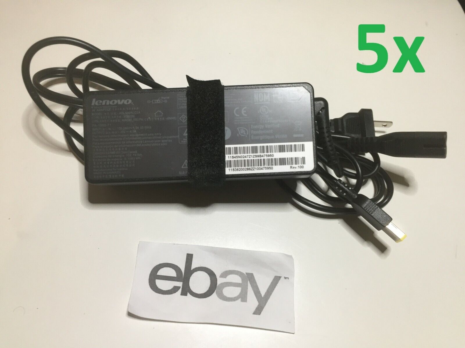 Lot of 5 Lenovo 90W 20V 4.5A Slim Yellow Tip AC Adapters adlx90nlc2a