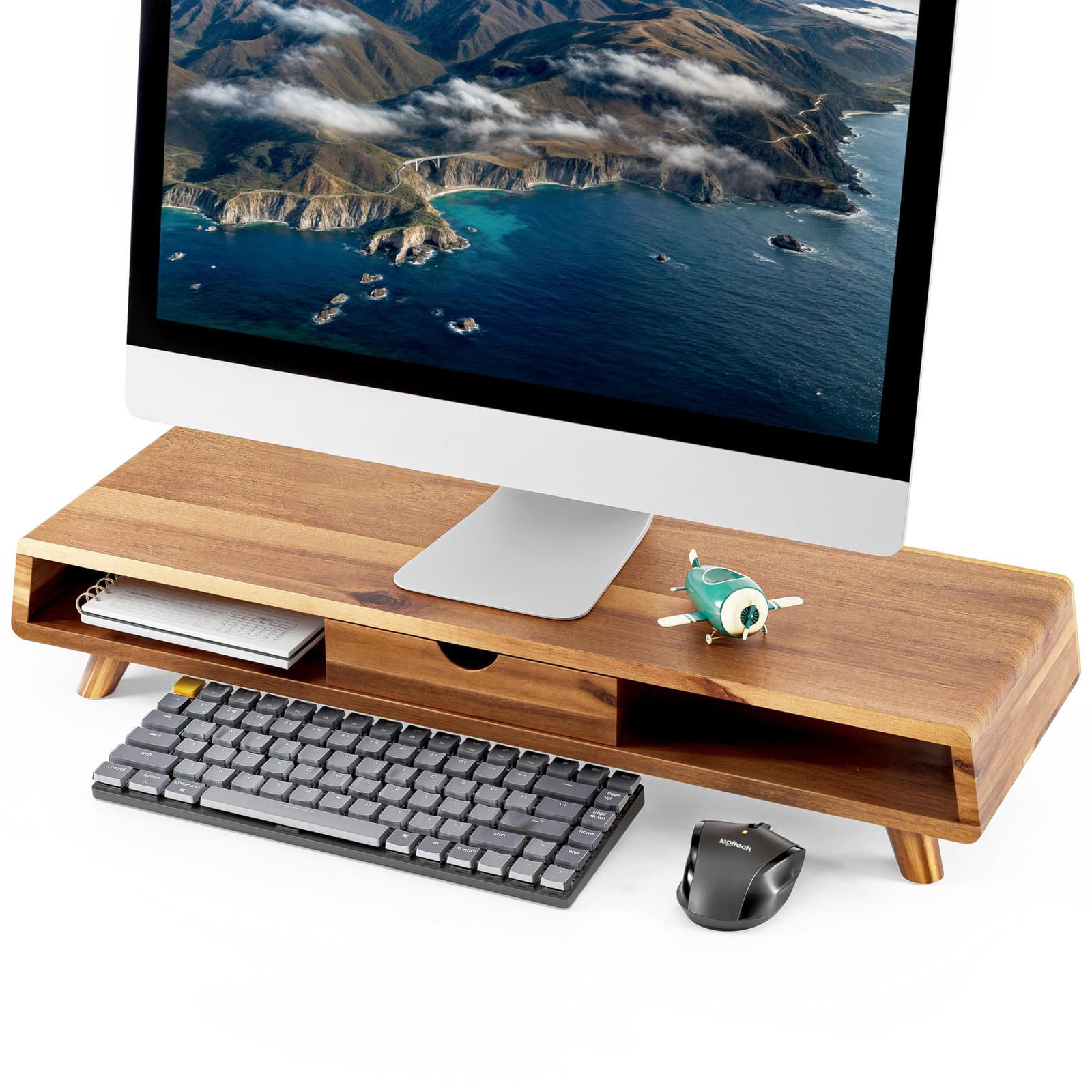 TINAMO Acacia Wood Monitor Stand with Drawer - 24.4 " x 8" x 5",