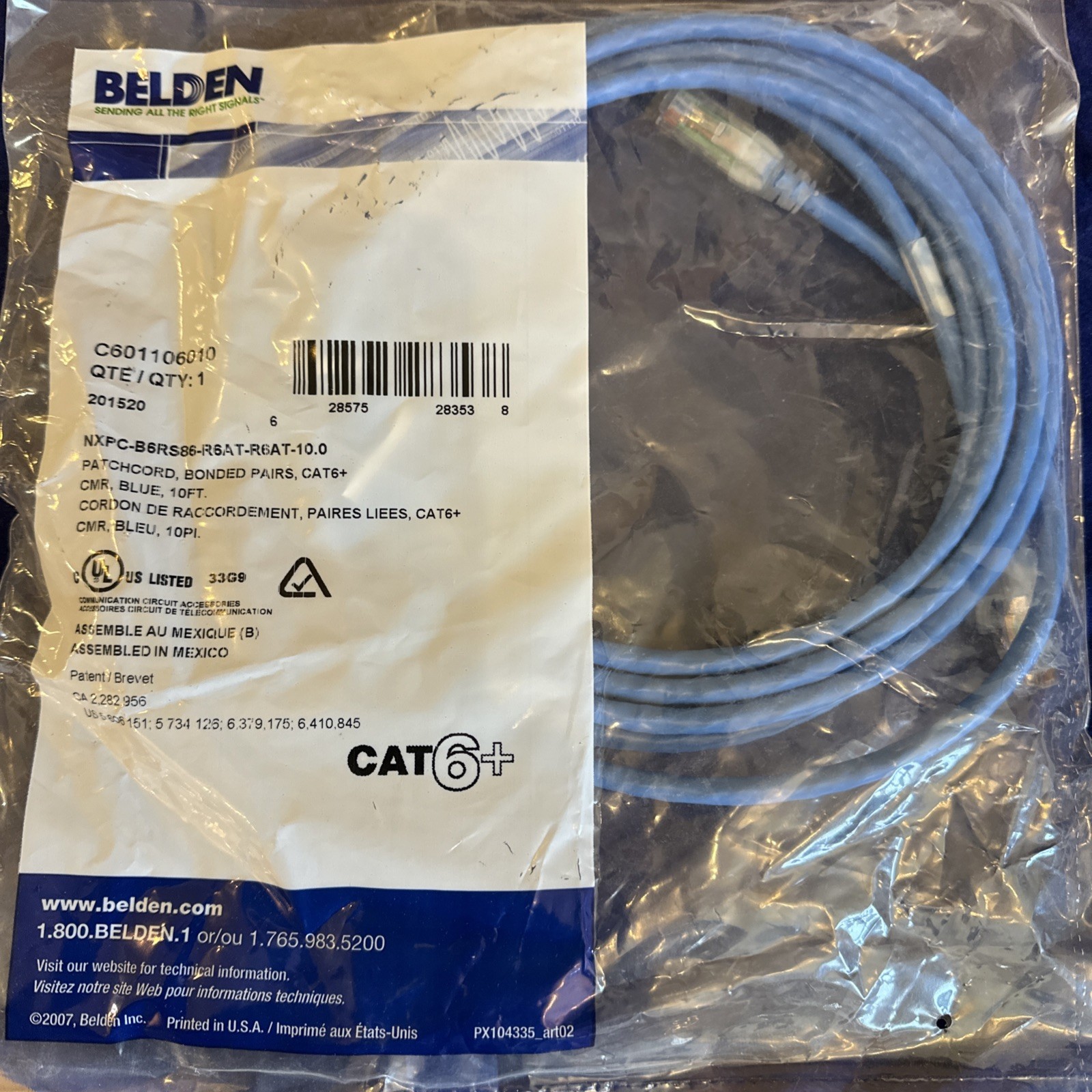 One Belden Cat 6+ CMR Mod Patch Cord, Bonded Pairs, Blue, 10ft, C601106010