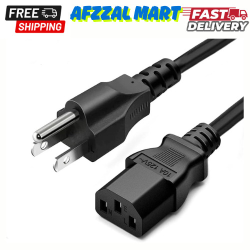 3 Prong AC Power Cord 10ft Long Standard | 125V-250V | for Computer, Monitor