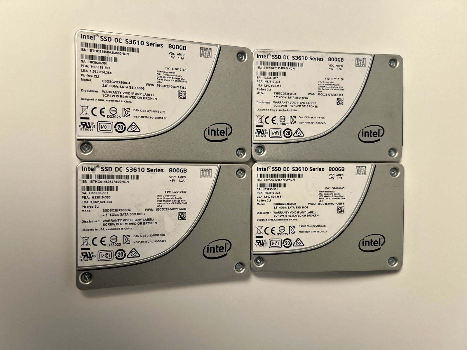 Lot: 4 Intel SSD DC S3610 800GB 2.5" SATA SSDs. SSDSC2BX800G4. 84-90% health