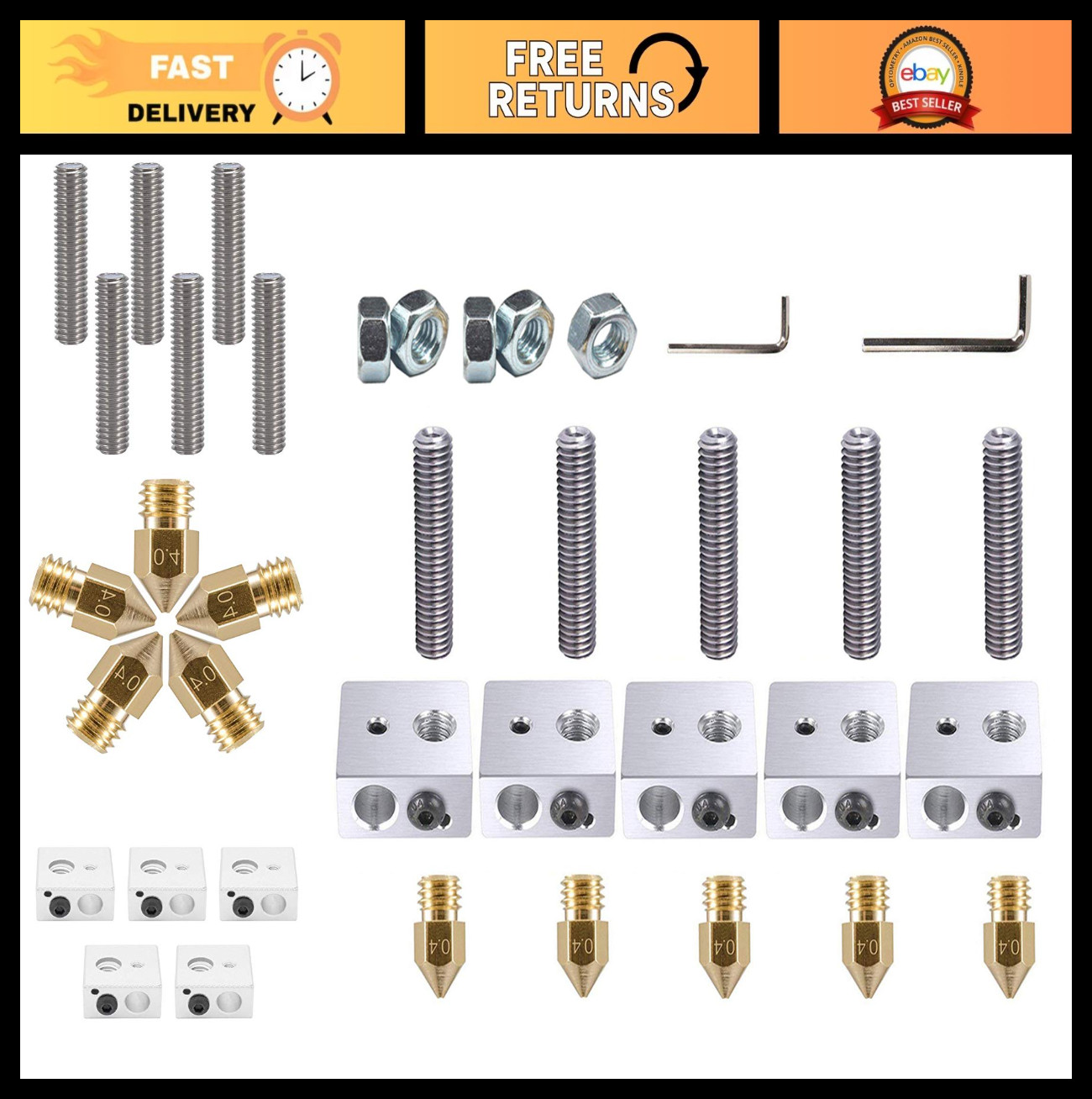 22pcs 3D Printer Parts Set - 0.4mm Nozzles, Teflon Tube, Heater Blocks for MK8 R