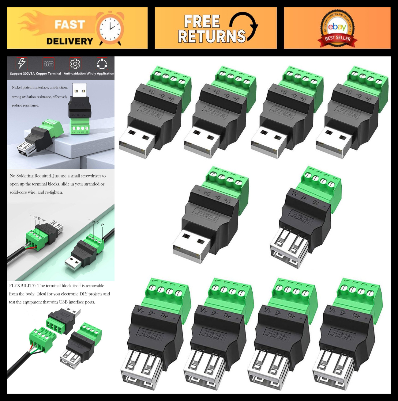 10Pcs USB 2.0 Type A Male/Female 4 Pin Screw Terminal Connectors, 300V 8A Plug A