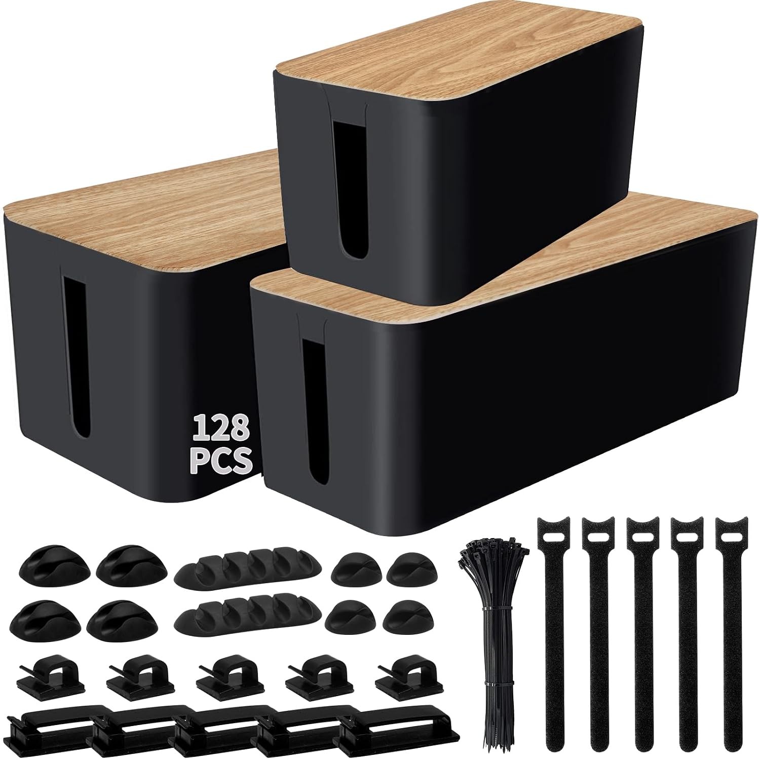 128PCS Cable Management Box 3Pack Cable Management Kit for Power Strip to Hide W