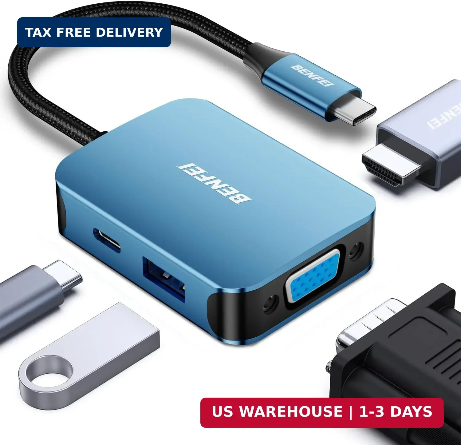 BENFEI USB C HUB 4in1, USB Type-C to HDMI VGA Adapter,USB C to USB Adapter