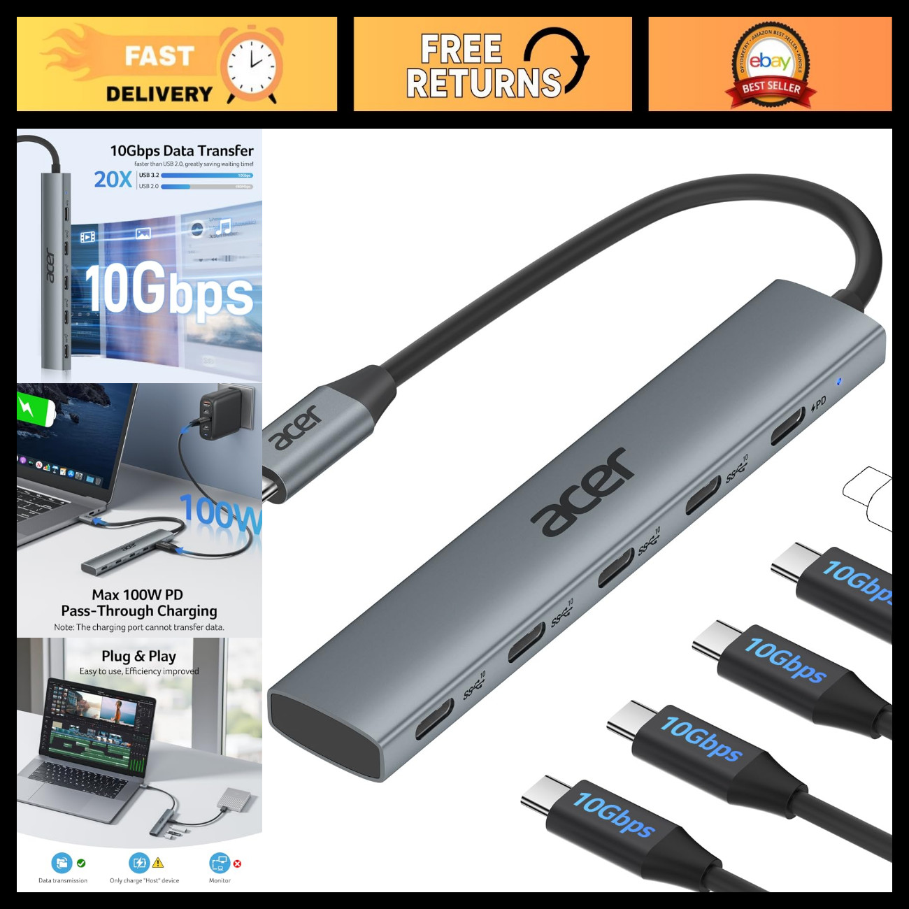 10 Gbps USB C Hub, 4-Port USB C Splitter with 100W Power Delivery, Fast Data Tra