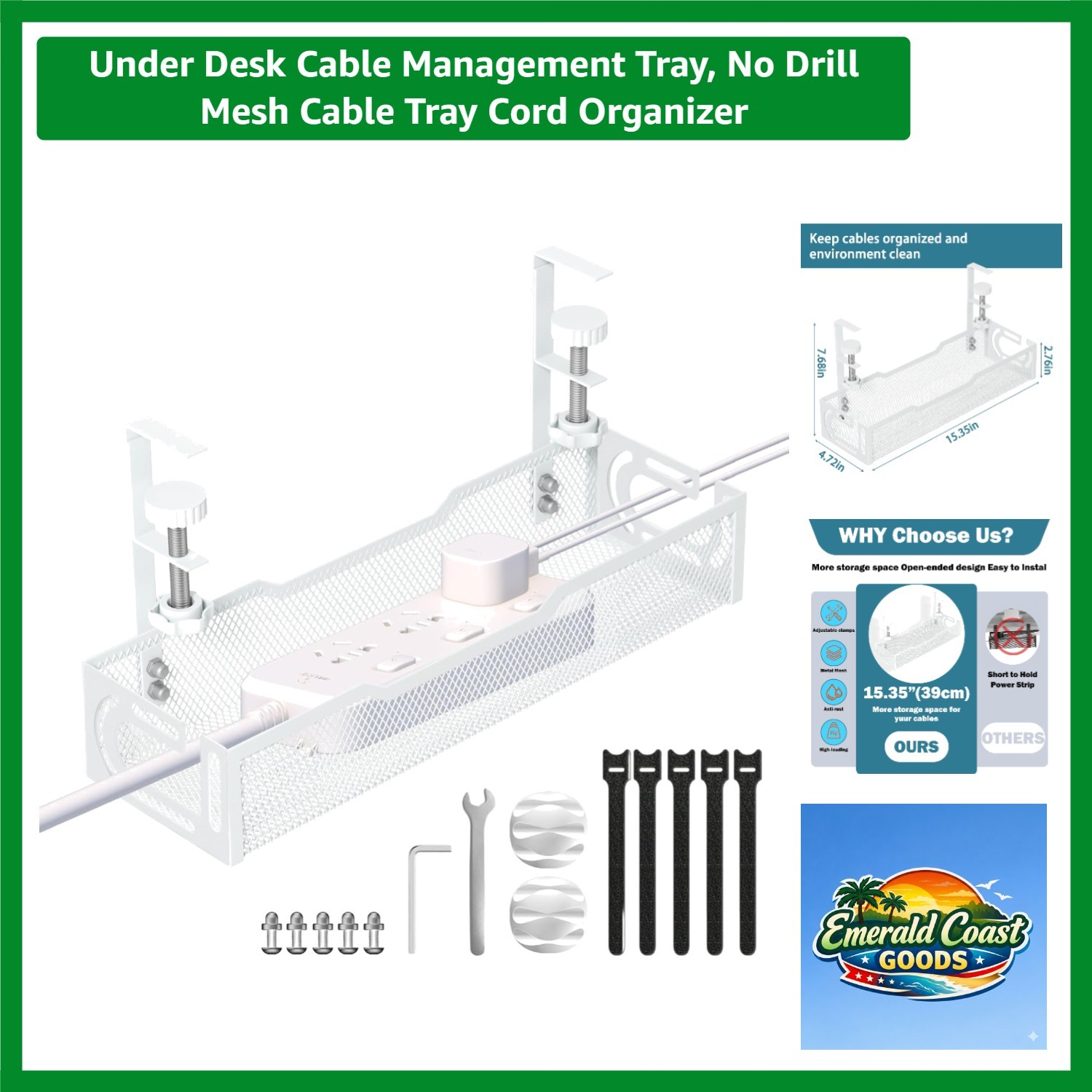 Elegant Under Desk No-Drill Cable Management Tray - 15.3” Metal Organizer