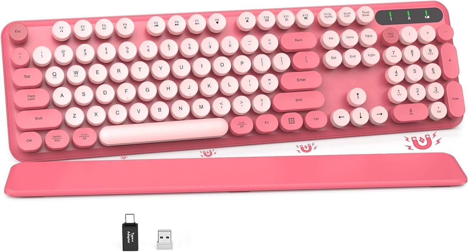 Retro Typewriter Wireless Keyboard,Pink Round Keycaps with Detachable Wrist Rest