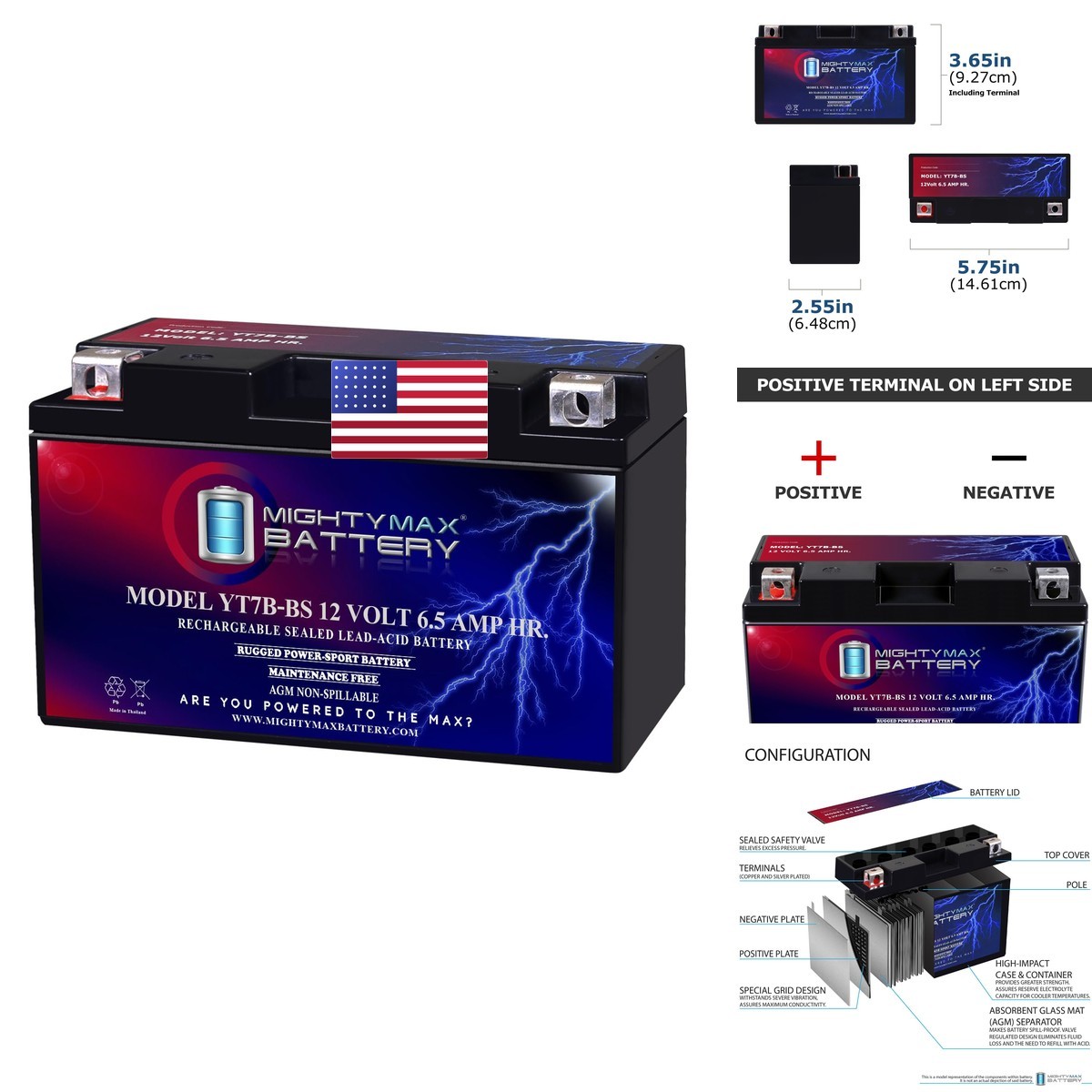 Mighty Max Battery YT7B-BS 12 Volt 6.5 AH 110 CCA Motorcycle Battery (1 Pack)