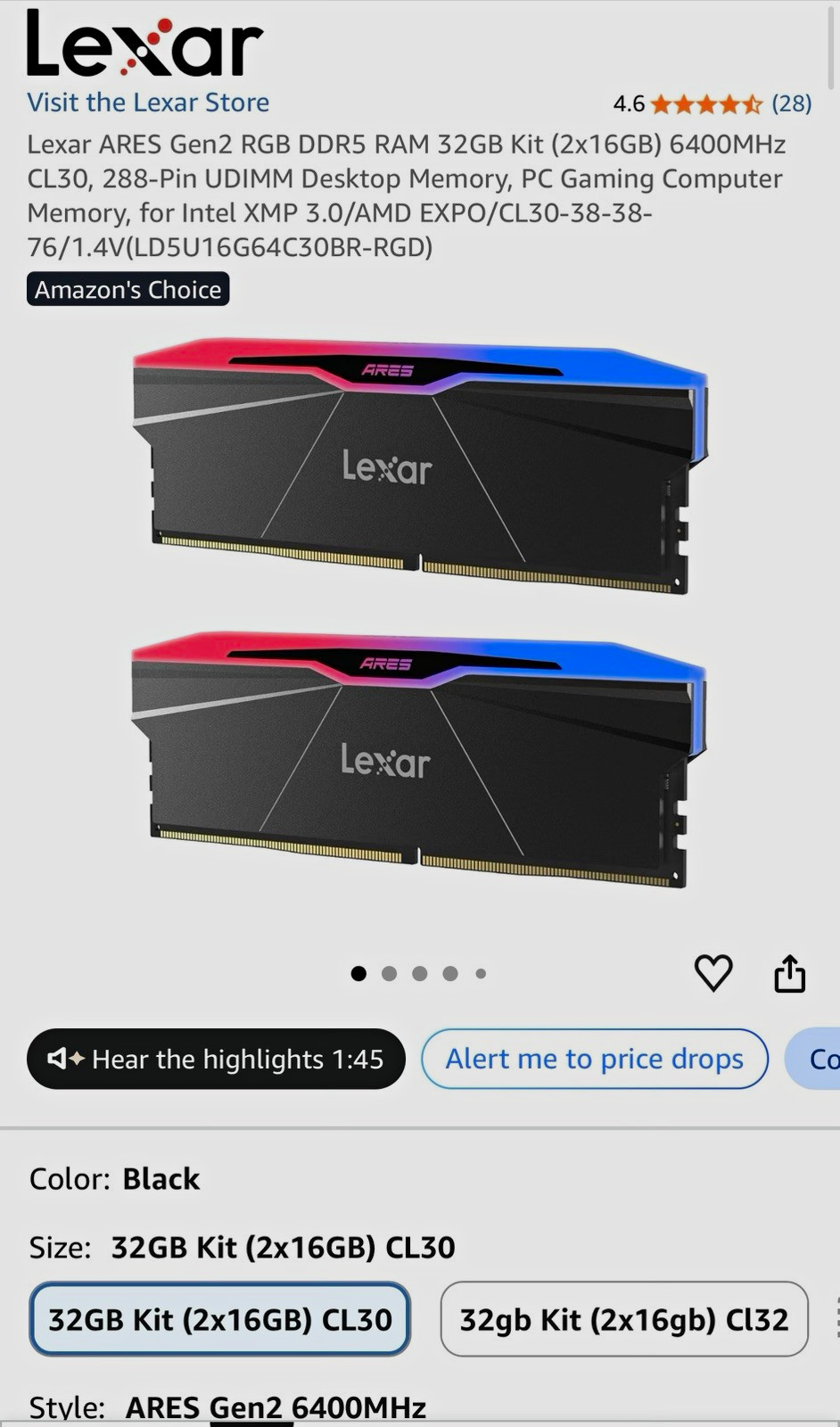 Lexar ARES Gen2 RGB 32GB (2x16GB) DDR5-6400 CL30 UDIMM 288-Pin
