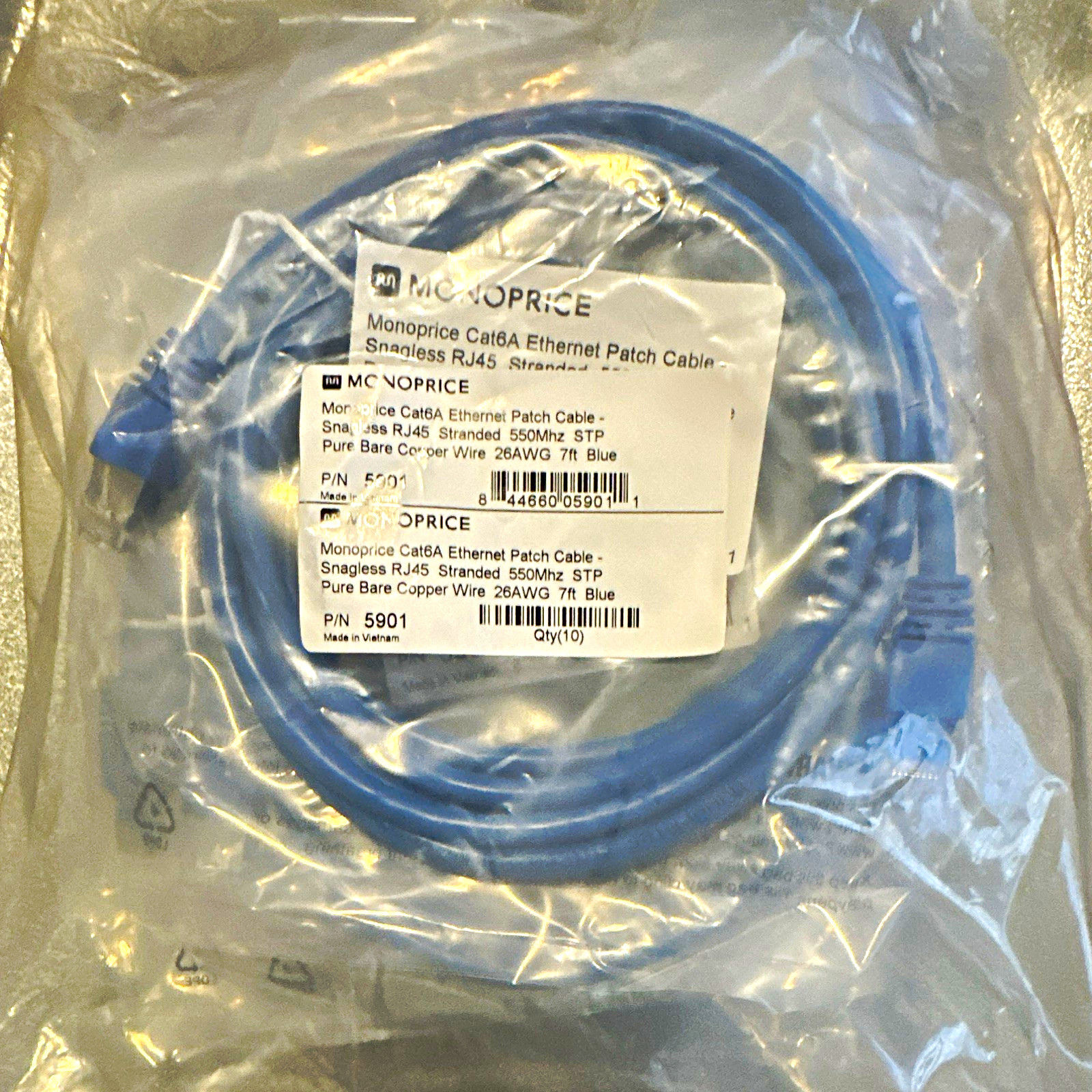 Bag 10 pieces - Cat6A Ethernet Patch Cable 7ft Blue Snagless RJ45 Male to Male