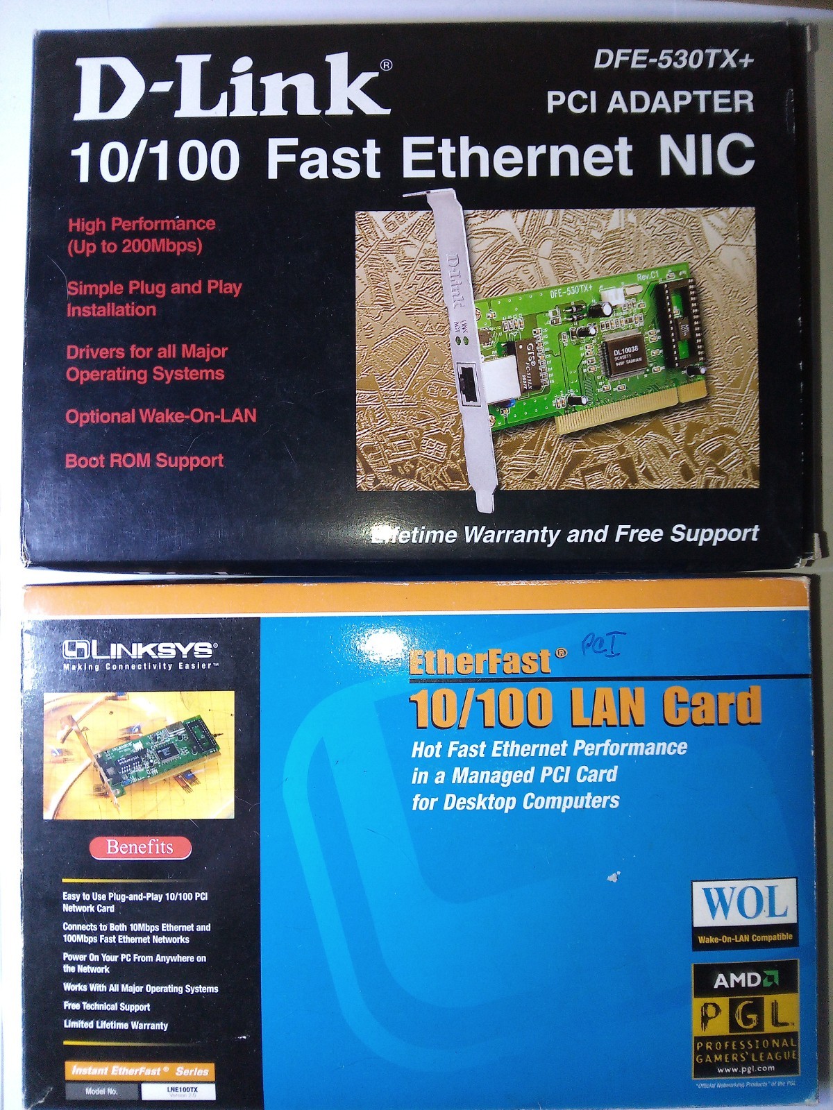 Linksys 10/100 LAN Network Interface PCI Card & D-Link 10/100 Fast Ethernet NIC
