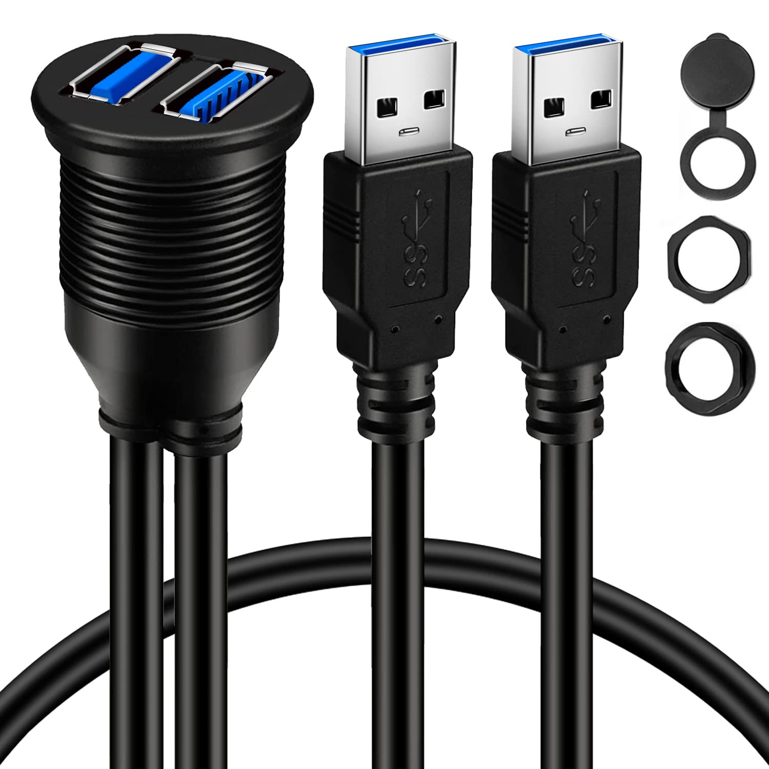 2 Ports Dual USB 3.0 Male to USB 3.0 Female AUX Flush Mount Car Mount Extension