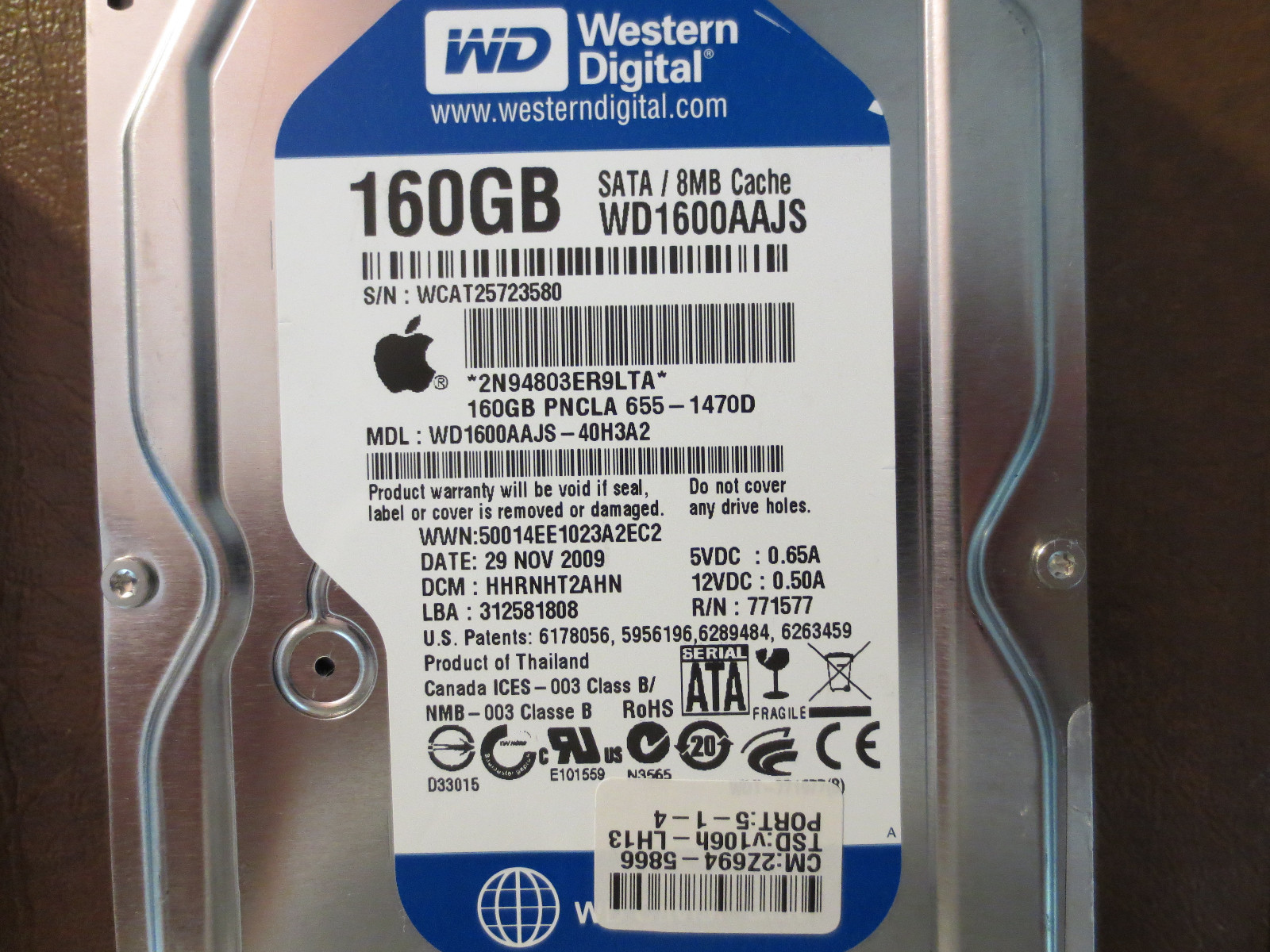 WD WD1600AAJS-40H3A2 DCM:HHRNHT2AHN Apple#655-1470D 160gb 3.5" Sata Hard Drive 