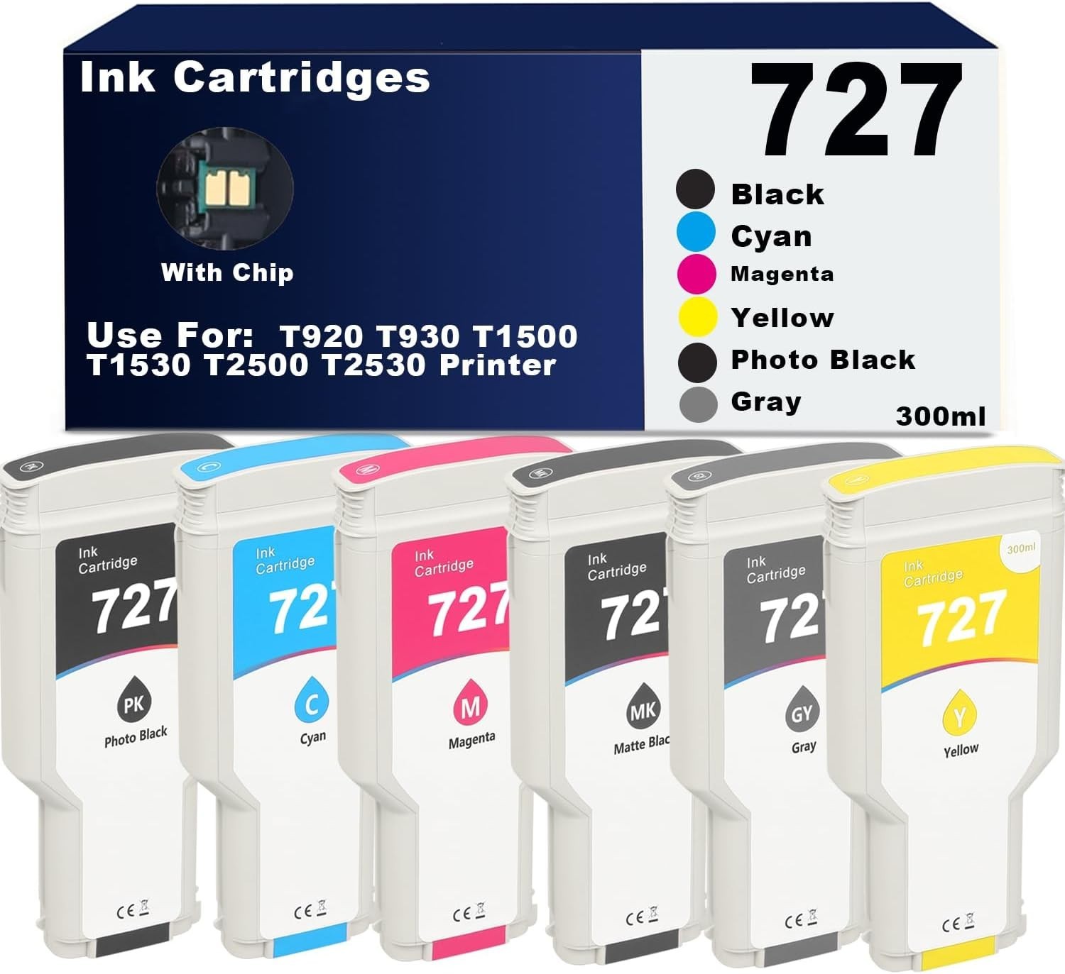 727 300ML Ink Cartridge Set for HP T920 T930 T1500 T1530 T2500 T2530 6 Pack