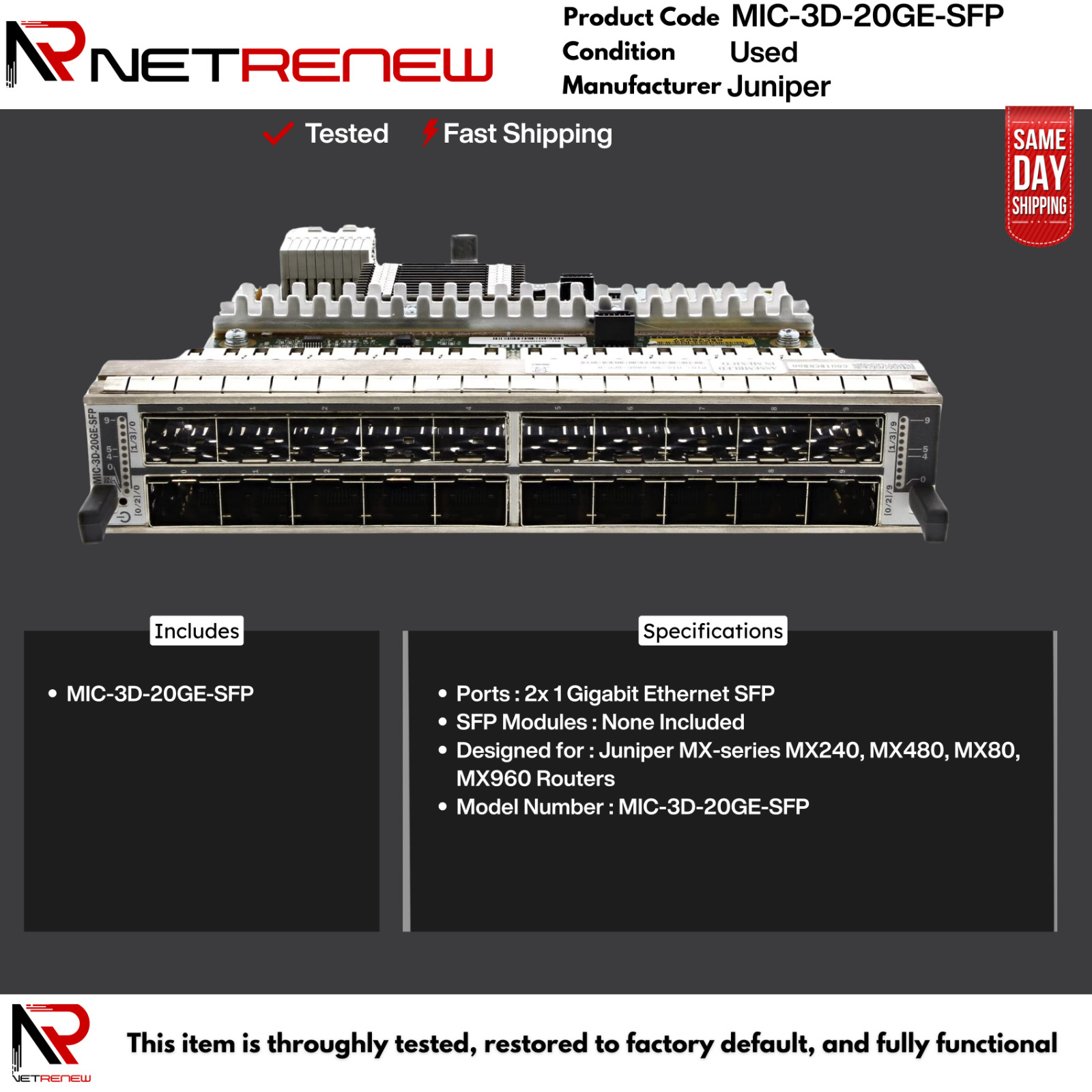 Juniper MIC-3D-20GE-SFP 20-Port SFP Interface Card Expansion Module
