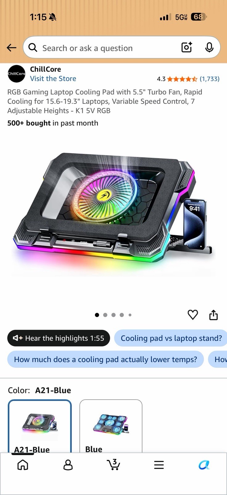 RGB Gaming Laptop Cooling Pad with 5.5" Turbo Fan