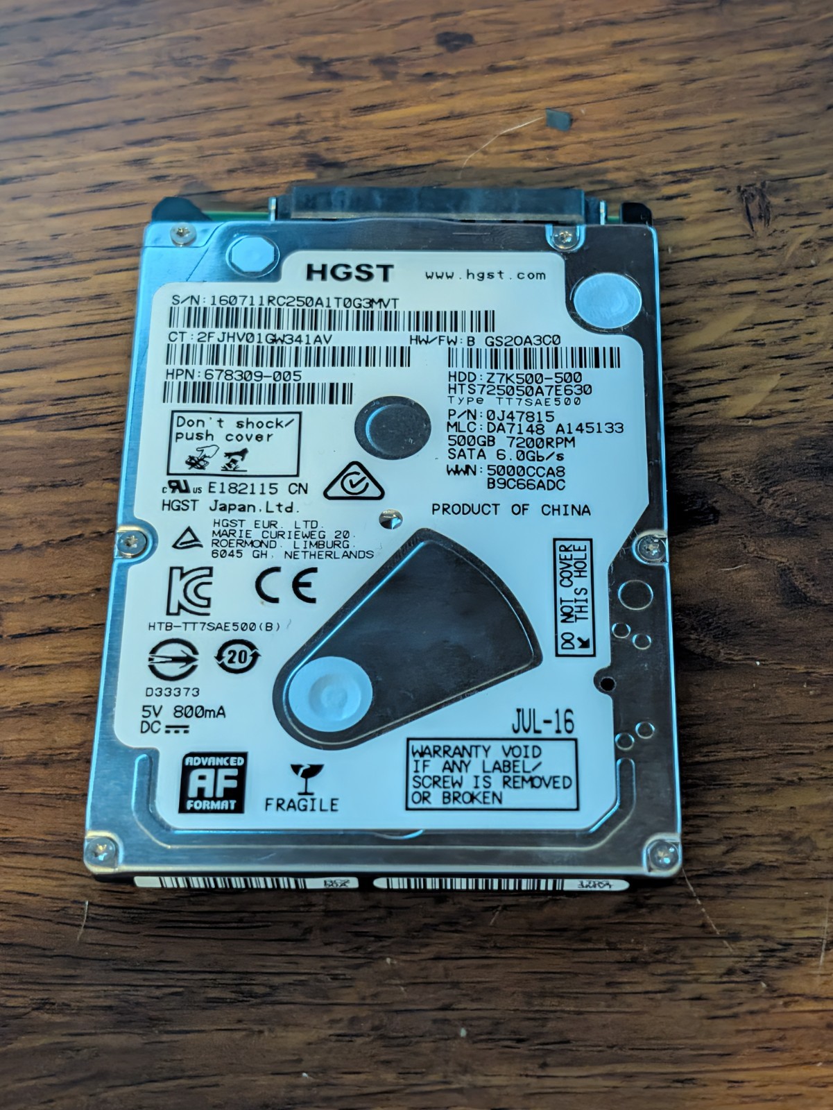 HGST 500GB 7200RPM 2.5" SATA Laptop Hard Drive HDD HTS725050A7E630