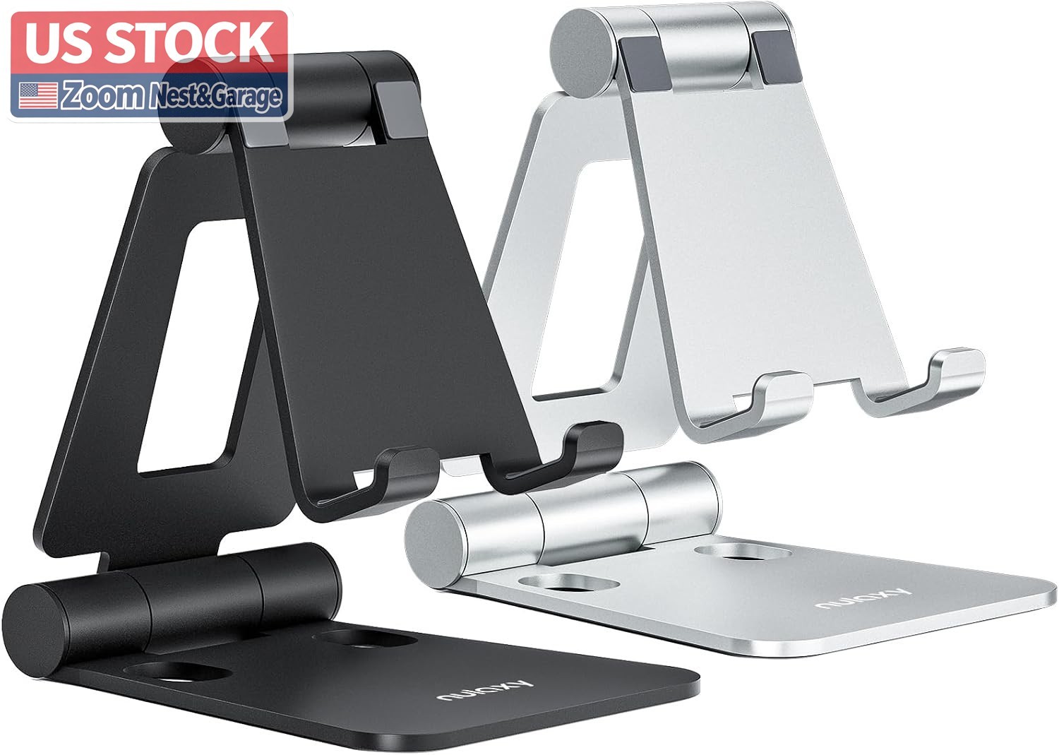 US Stock Nulaxy Dual Folding Cell Phone Stand 2 Pack Black Silver Adjustable