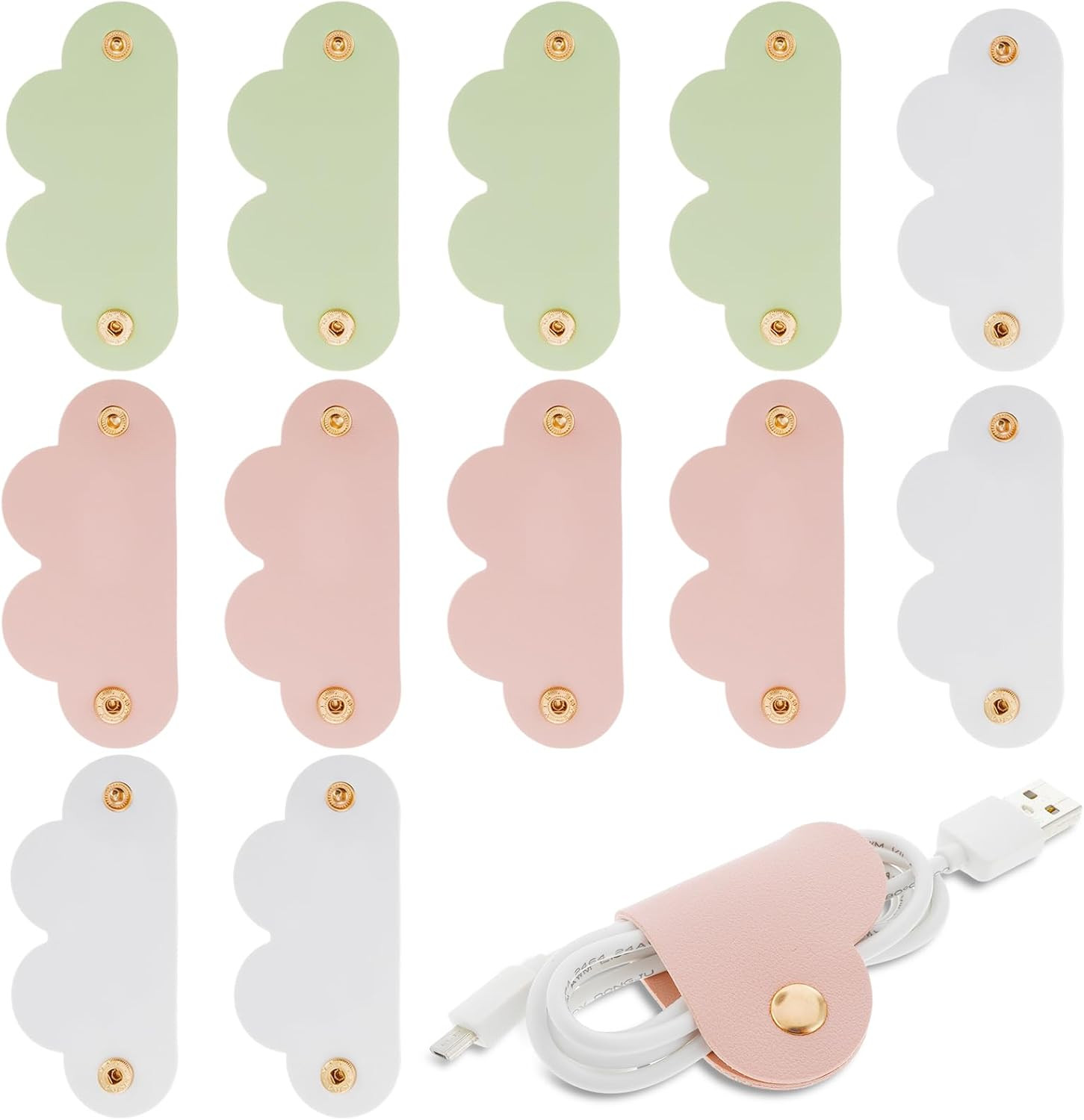 6-Pcs PU Leather Cord Organizer Snap Button Cable Straps Wire Keepers Heart