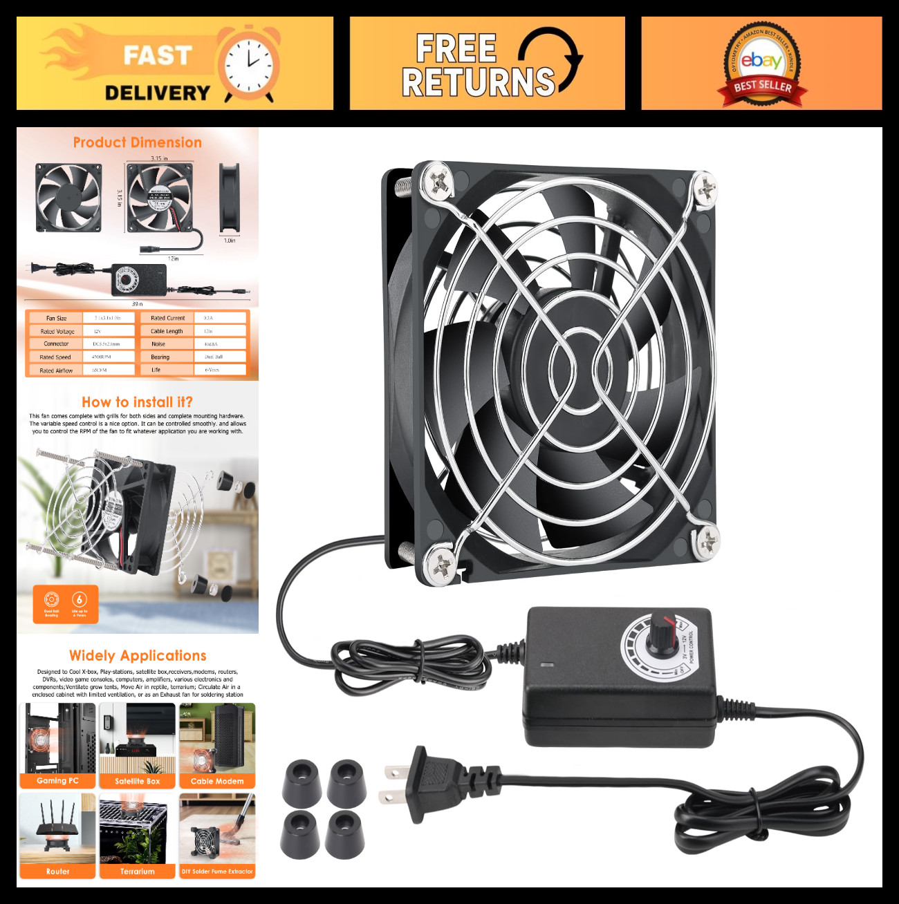 80mm AC Plug Computer Fan with Speed Controller - 110V 120V 220V Cooling for PC,