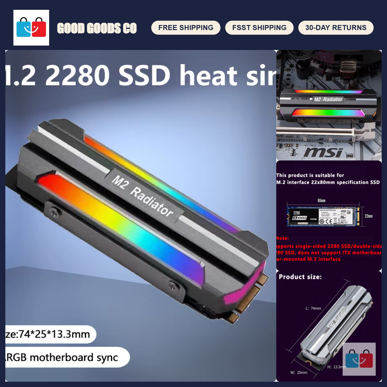M.2 2280 SSD Heat Sink with ARGB Sync Lighting - NVMe Solid State Drive Cooler