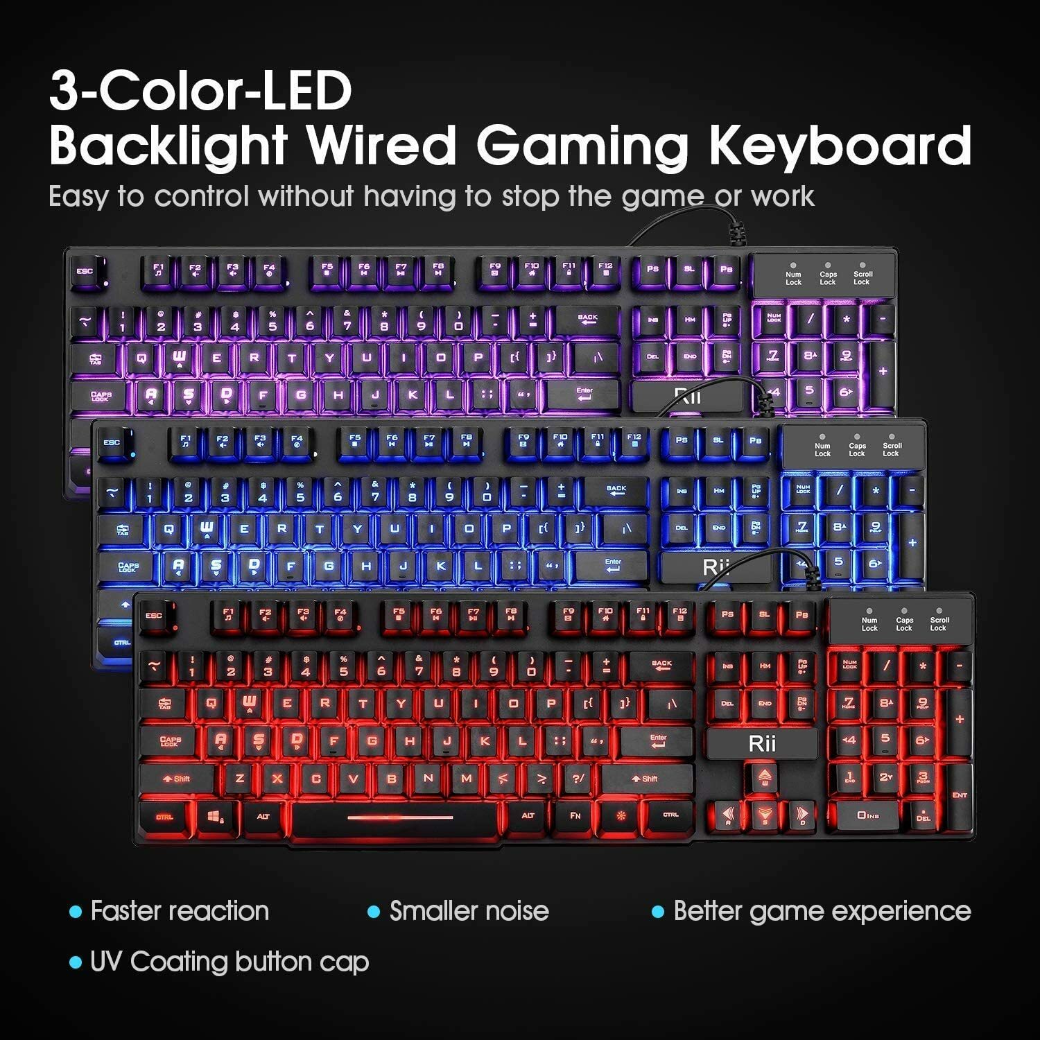  A RK100 3 Color LED Backlit Mechanical Feeling Gaming Keyboard Black USB Wired