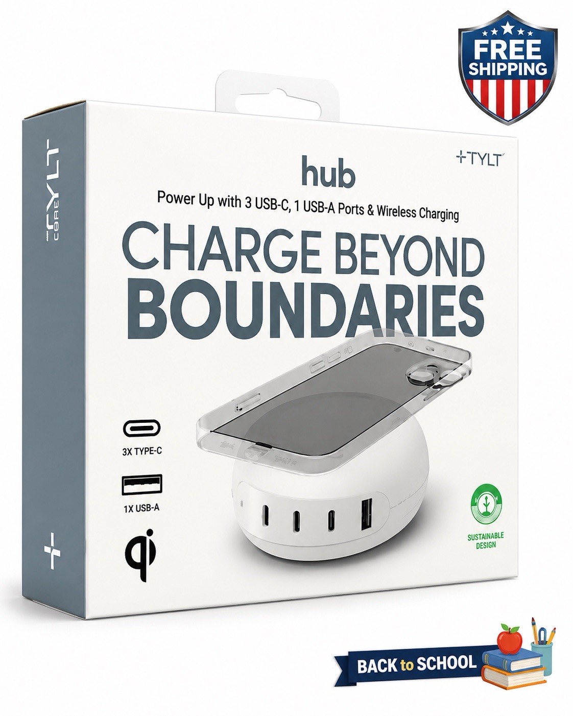 TYLT 100W USB-C Charging Hub Qi Wireless Charger 3 USB-C 1 USB-A Fast Charge