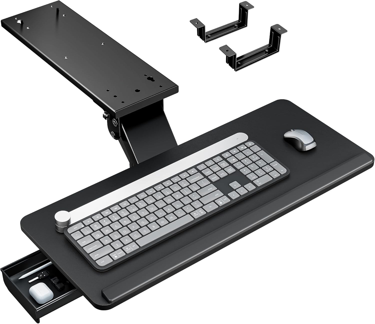 Ergonomic Under Desk Keyboard Tray 25"x11" Slide-Out Tilt Swivel w/ Storage Draw