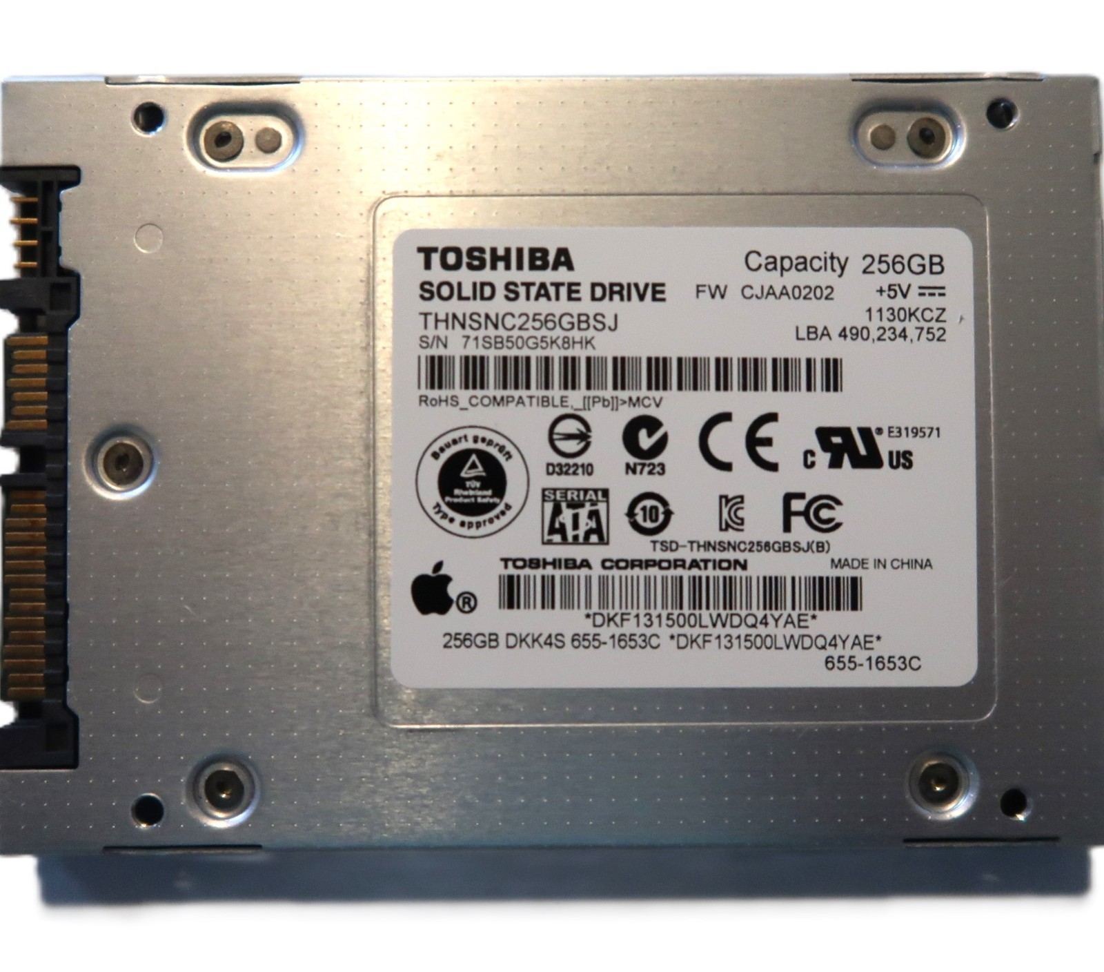 Toshiba THNSNC256GBSJ FW:CJAA0202 Apple#655-1653C 256gb 2.5" Sata SSD hard drive
