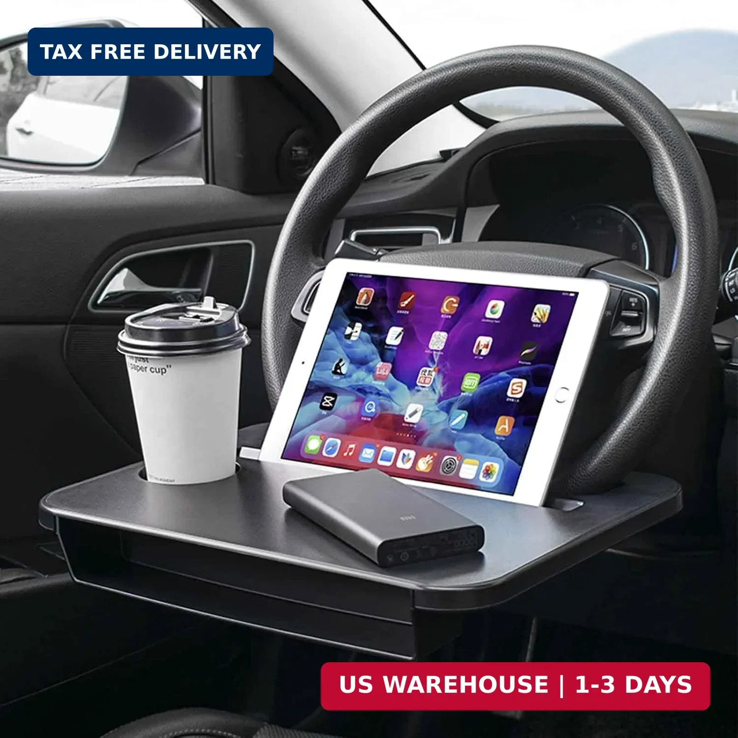 Double-use Steering Wheel Tray(14.5*11inch), Car Food Trays for Eating with Drin