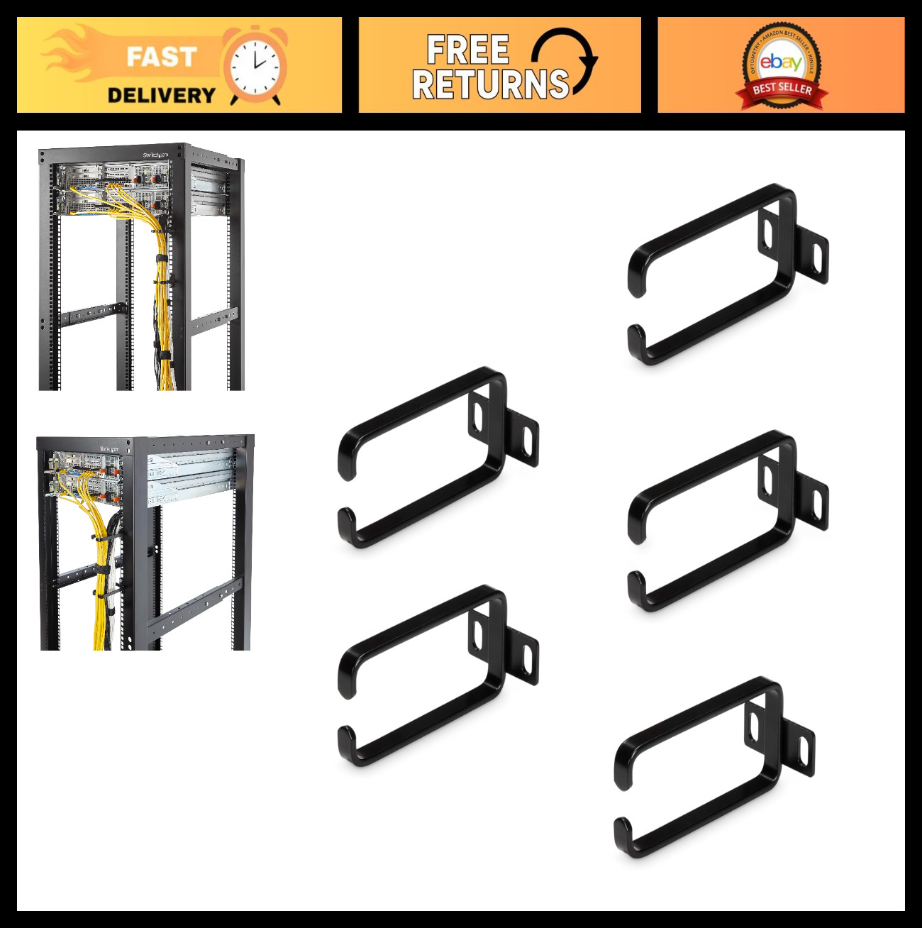 5-Pack 1U Vertical Cable Management D-Ring Hooks for Server Rack - Cord Organize