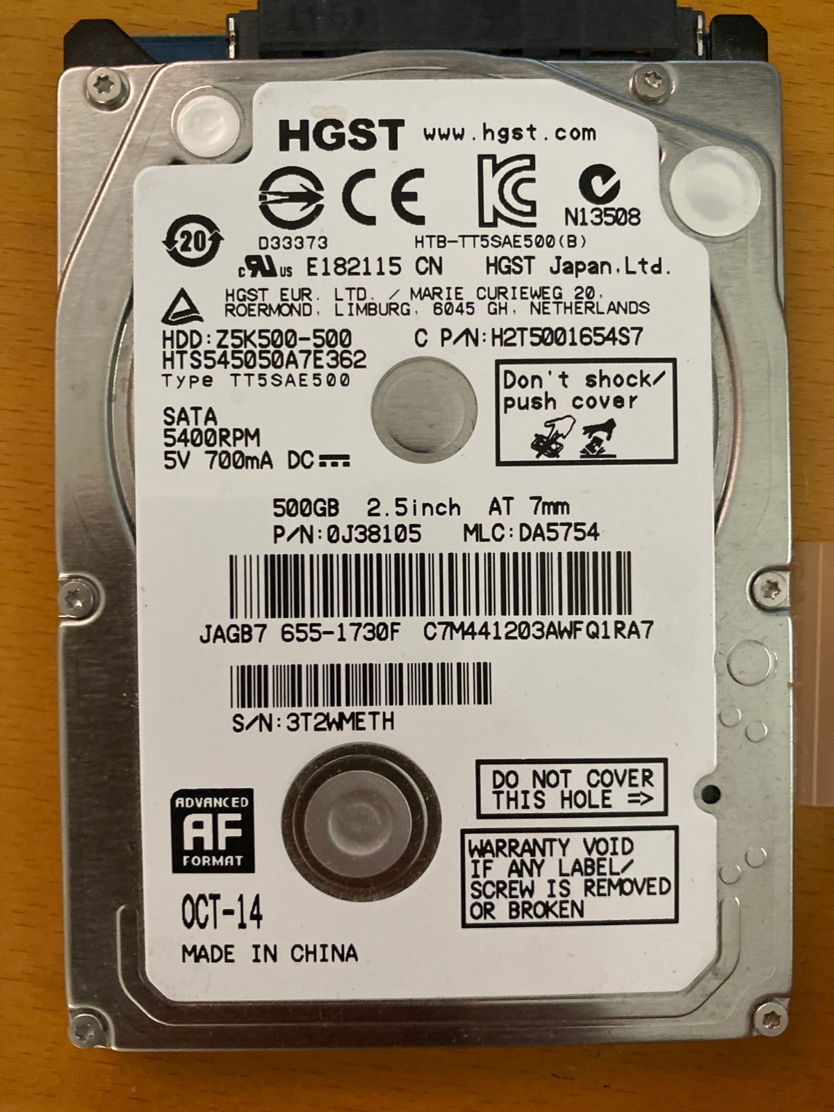 HGST HTS545050A7E362 500GB 2.5" 7mm SATA Apple MacBook HDD 655-1730F 0J38105