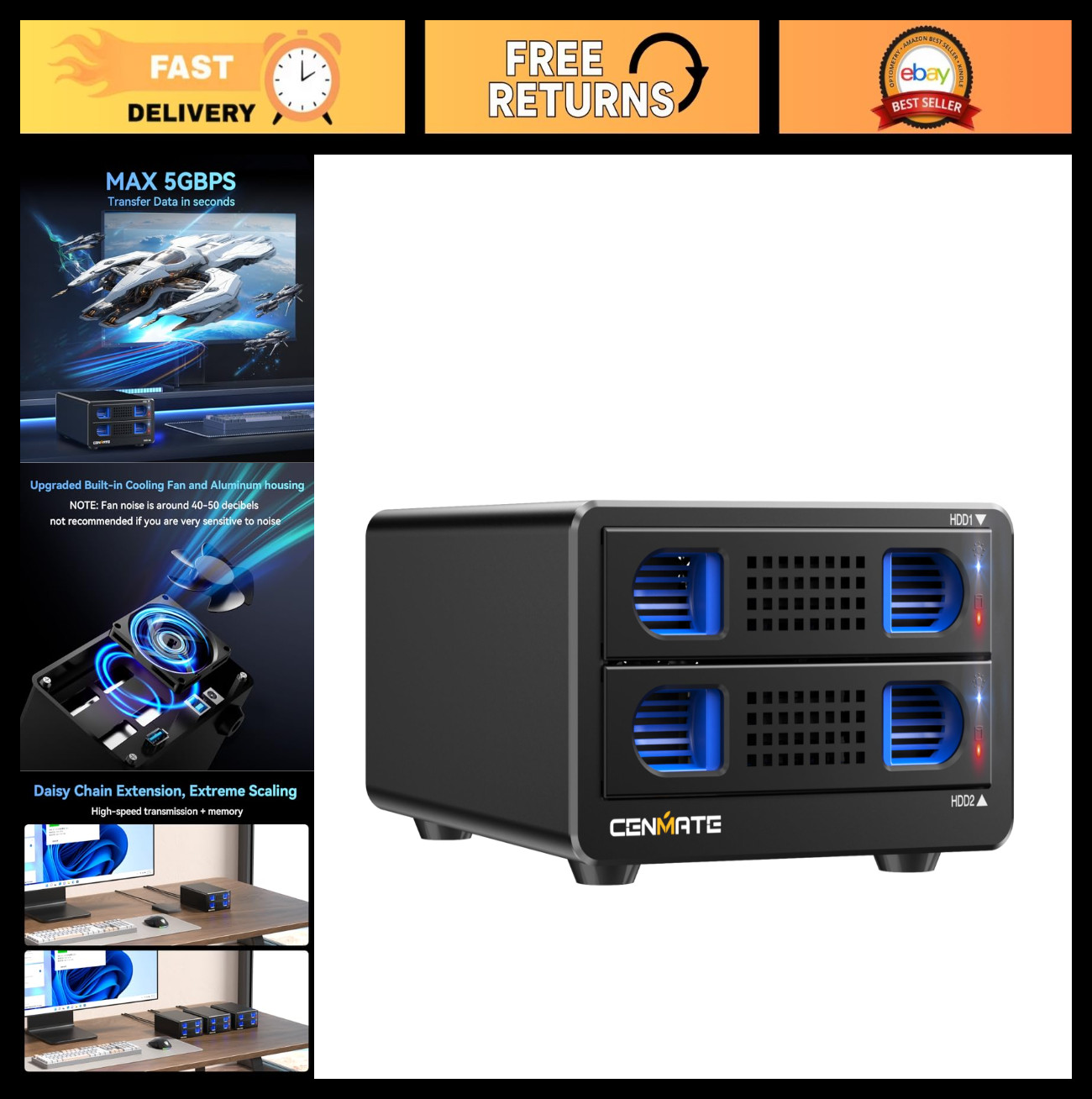Aluminum 2 Bay Hard Drive Enclosure with Cooling Fan for 2.5"/3.5" SATA HDD/SSD